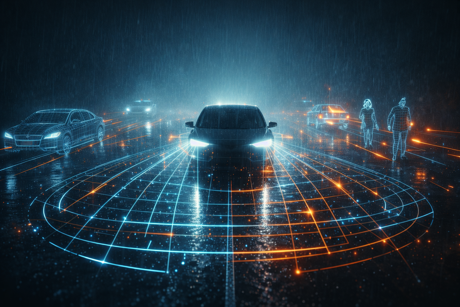 4D-Imaging-Radar: Der Allwetter-Blick für autonome Systeme Ein autonomes Fahrzeug nutzt ein leuchtendes 4D-Radar, um bei starkem Nebel und Regen seine Umgebung als detailliertes 3D-Gittermodell inklusive Geschwindigkeitsvektoren zu erfassen.