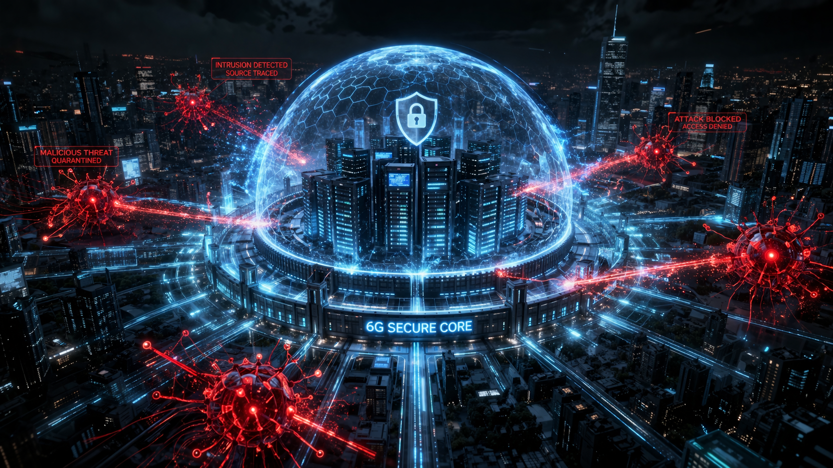 Eine leuchtende digitale Firewall schützt das Datenzentrum einer Smart City vor Cyberangriffen, als Symbol für 6G-Sicherheit.