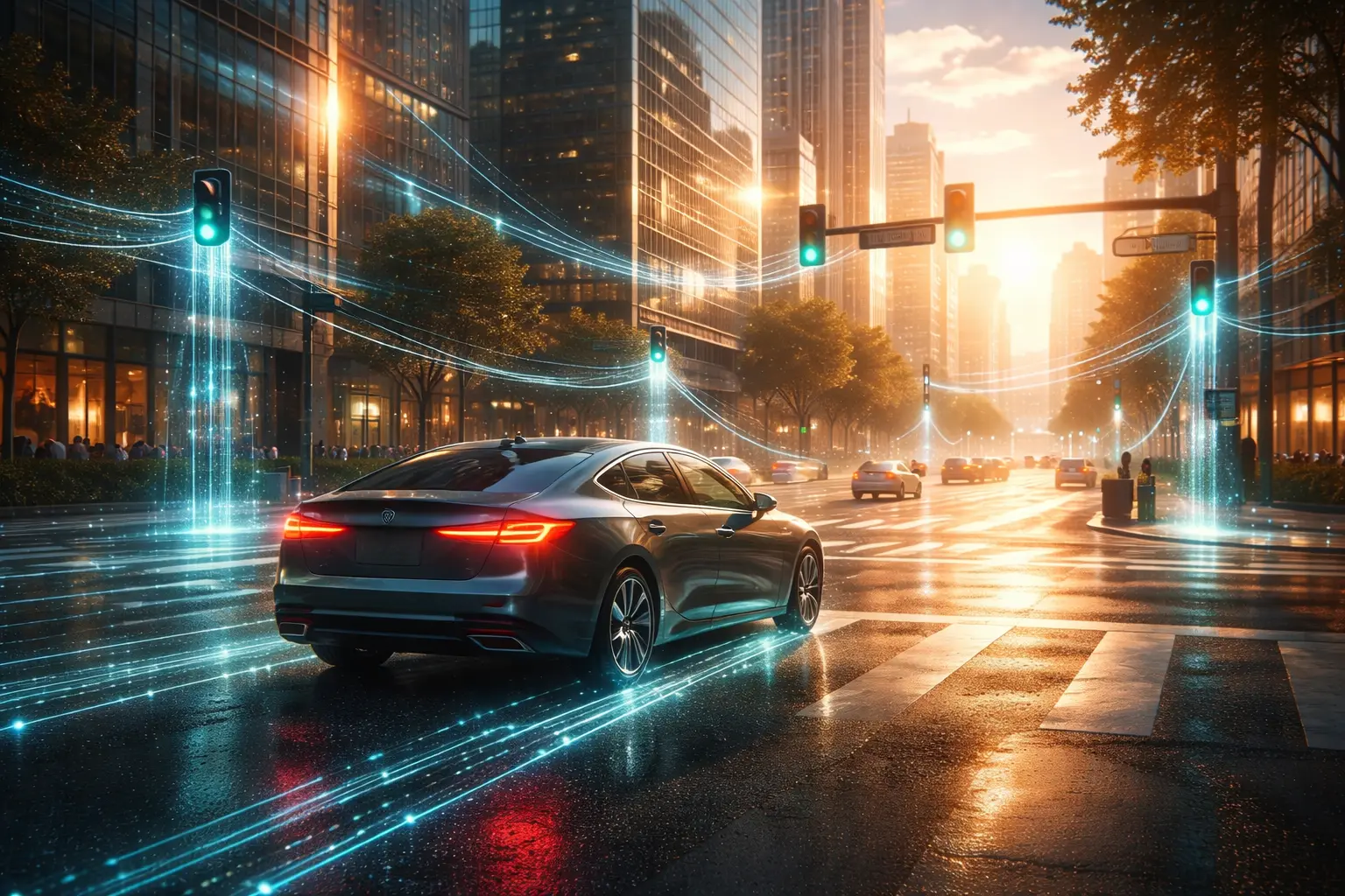 Ein modernes Auto ist durch leuchtende Datenströme mit Ampeln und Gebäuden vernetzt, was die 6G-Infrastruktur der Smart City symbolisiert.