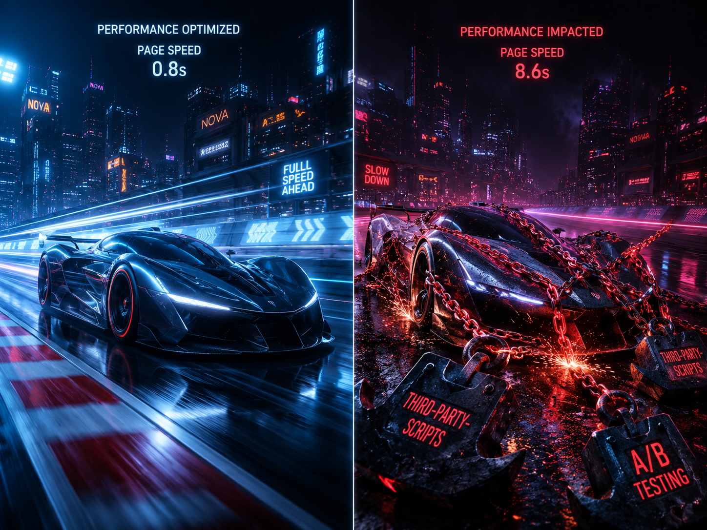 Das A/B-Testing-Paradoxon: Wenn Optimierung zur Bremse wird Ein futuristischer Rennwagen, der durch schwere digitale Ankerketten ausgebremst wird, als Metapher für blockierende Skripte
