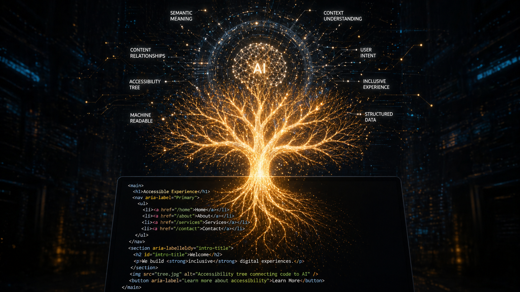 Ein leuchtender digitaler Baum verbindet sauberen HTML-Code mit einem KI-Netzwerk und symbolisiert den Accessibility Tree als Schnittstelle für Sprachmodelle.