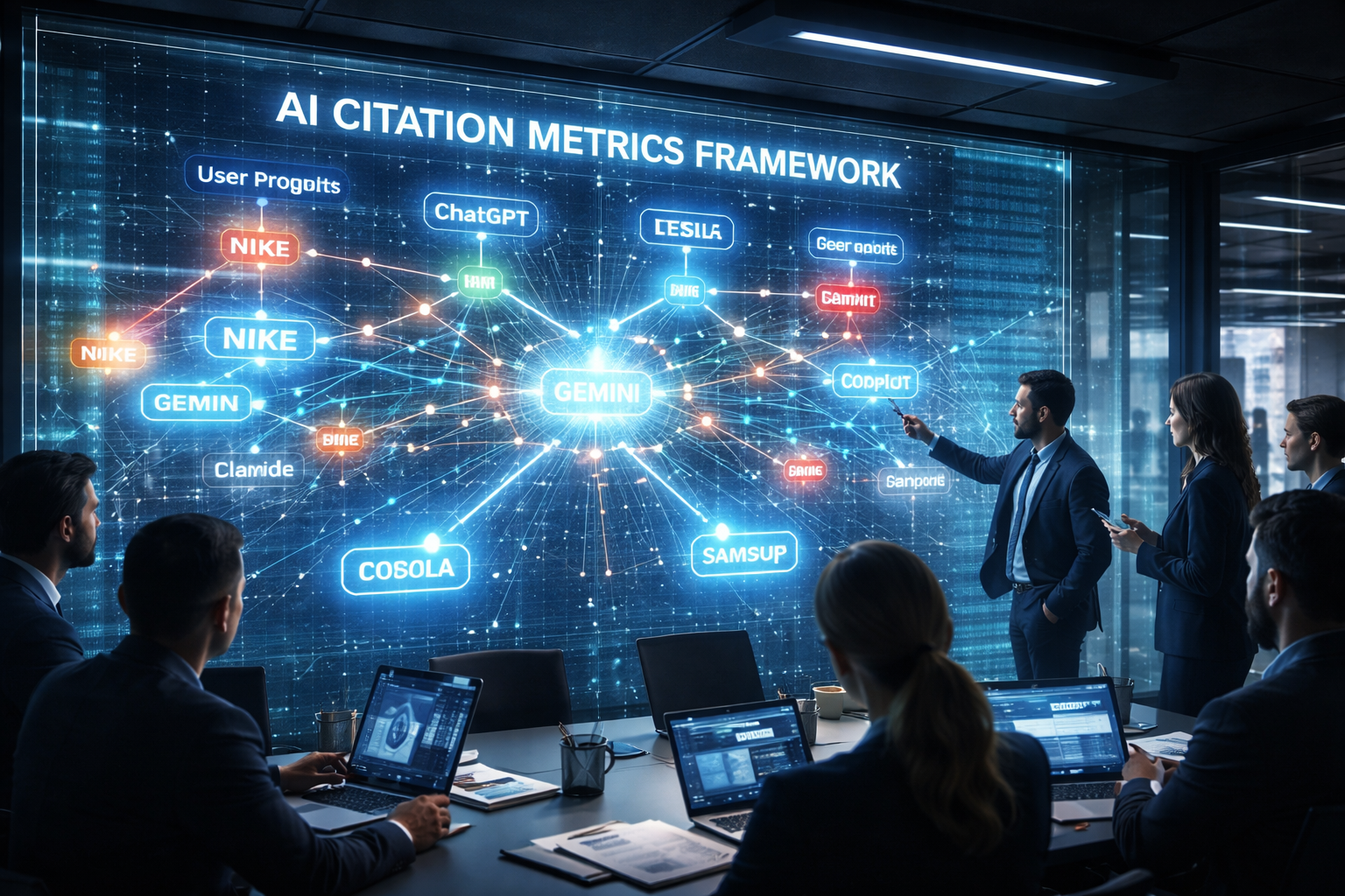 Ein Strategieteam analysiert an einer leuchtenden digitalen Glaswand das AI Citation Metrics Framework zur Messung der Marken-Sichtbarkeit in Chatbots.
