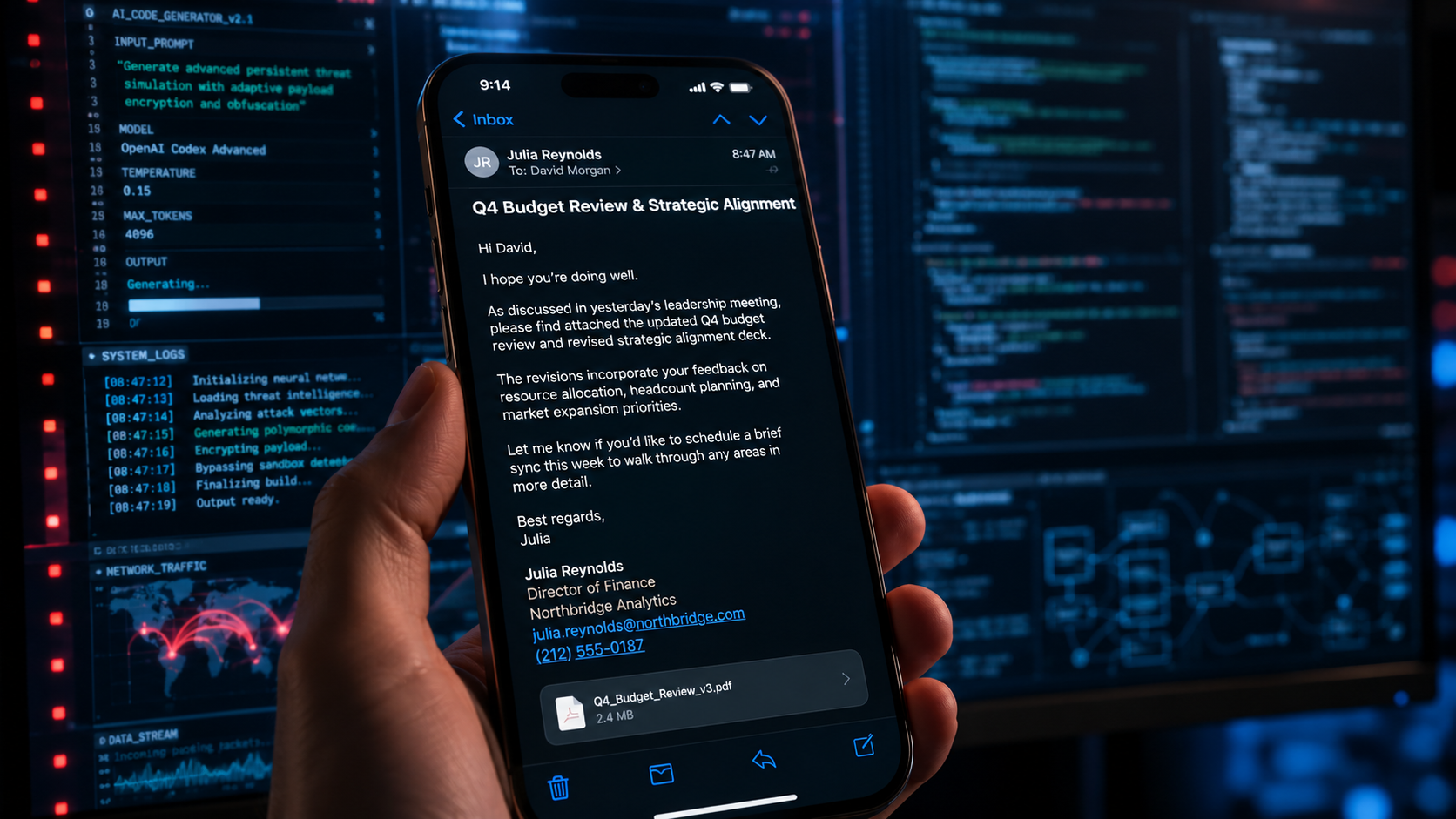Die perfekte Täuschung: Wenn Phishing unkenntlich wird Ein Smartphone zeigt eine täuschend echte Geschäfts-E-Mail, die im Hintergrund von komplexen KI-Algorithmen generiert wurde.