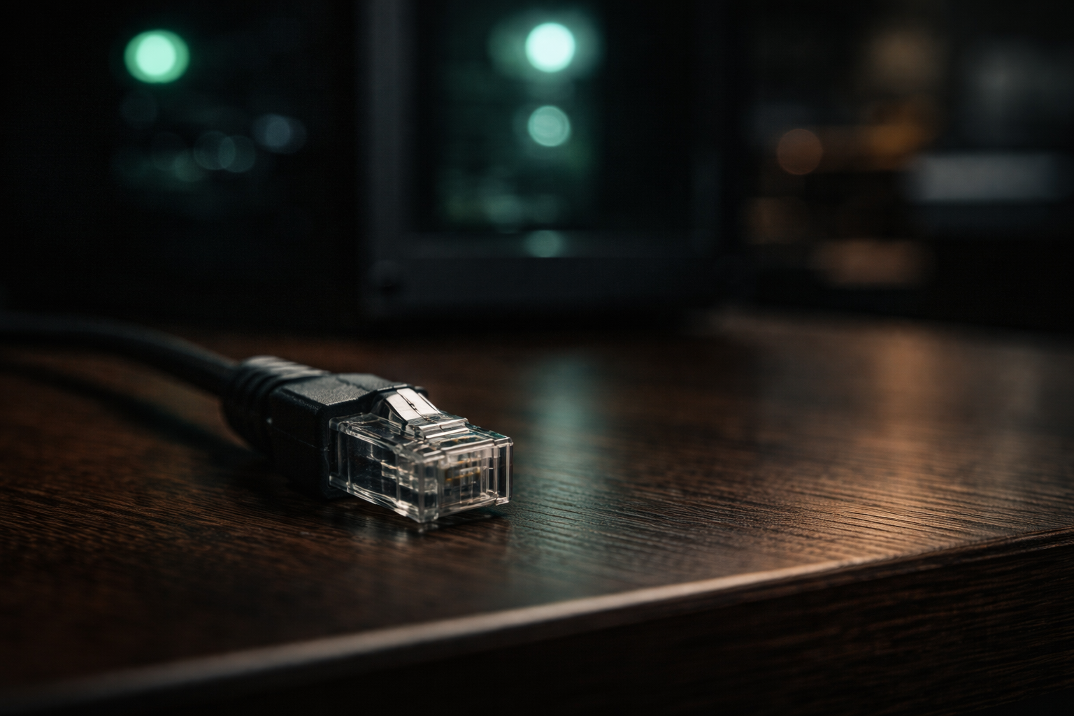 Ein abgezogenes RJ45-Netzwerkkabel ruht auf einem Holztisch direkt neben der leuchtenden Workstation, als Symbol für die Offline-Trennung.