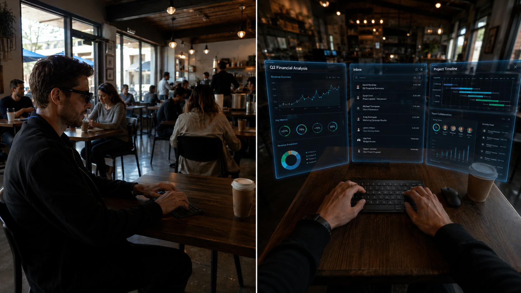 Ein Split-Screen zeigt den unsichtbaren Arbeitsplatz eines AR-Brillen-Trägers im Café, bei dem die virtuellen Monitore nur für den Nutzer sichtbar sind.