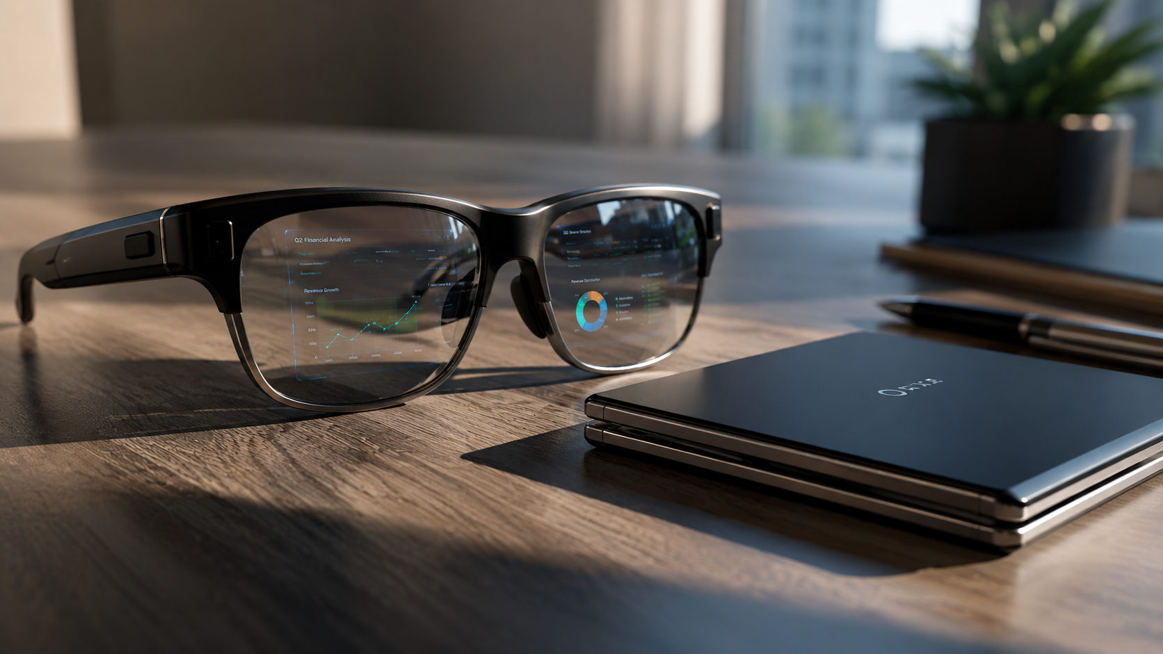 Eine moderne AR-Brille liegt neben einem faltbaren Display auf einem Schreibtisch und spiegelt digitale Daten wider.
