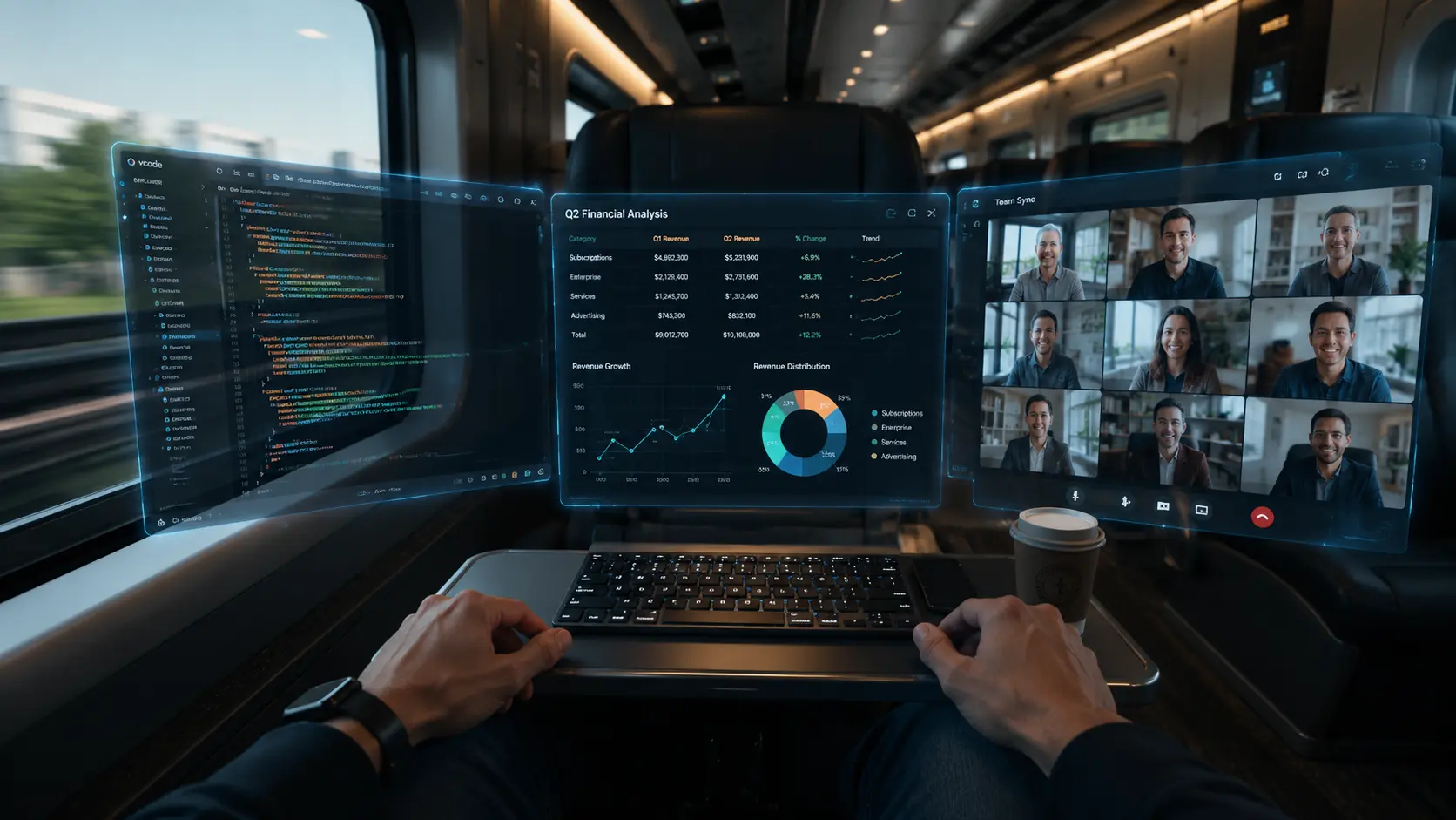 Aus der Ego-Perspektive: Ein virtuelles Multi-Monitor-Setup schwebt im Zug über einer faltbaren Tastatur, erzeugt durch eine AR-Brille.
