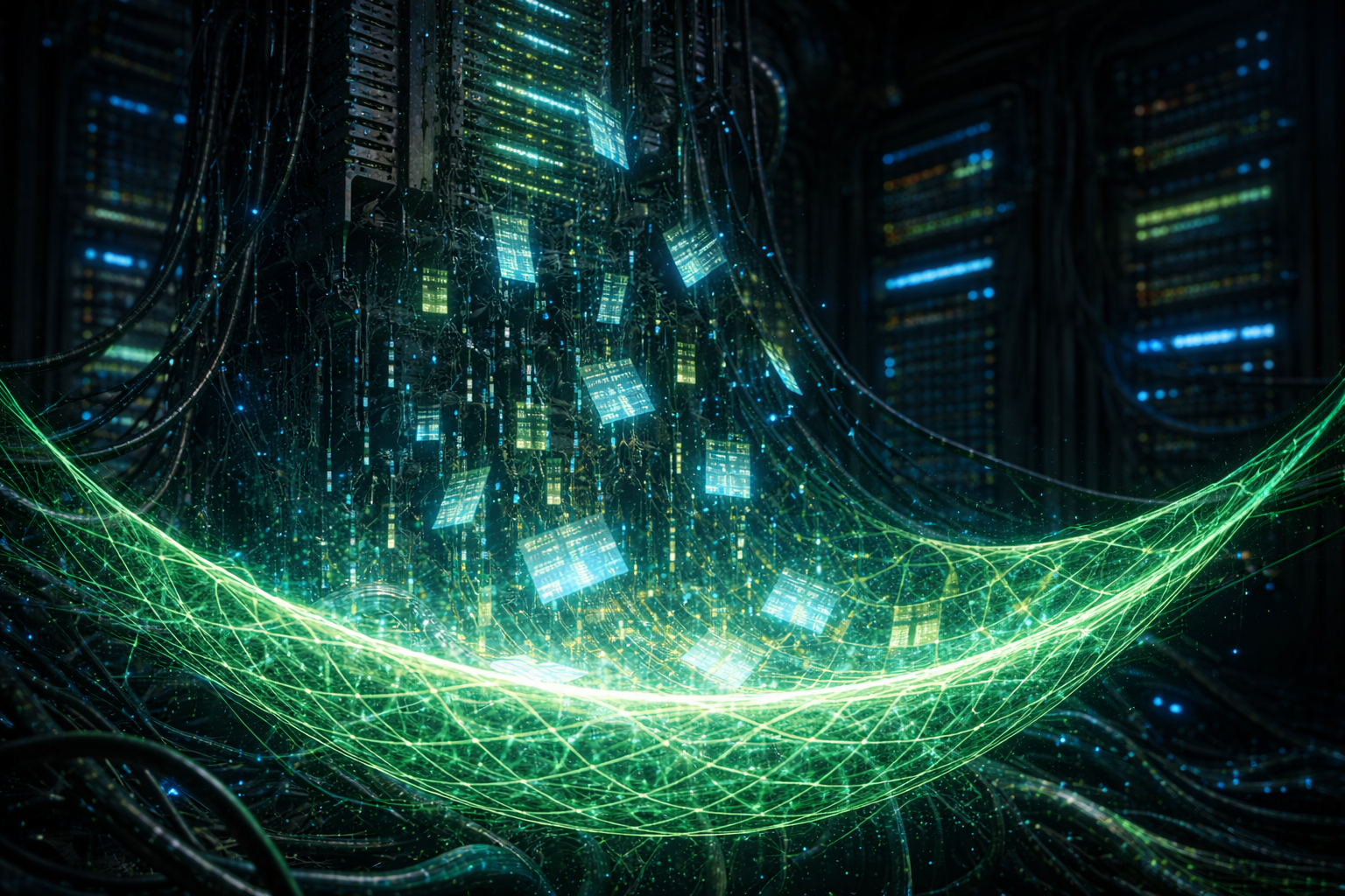 Ein leuchtendes digitales Sicherheitsnetz fängt herabfallende Code-Fragmente auf, als visuelle Metapher für automatisierte Tests beim Refactoring.