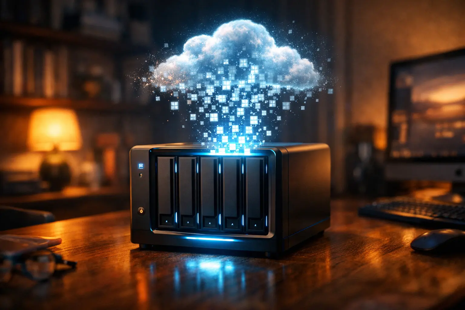 Ein modernes NAS-System absorbiert die Daten aus einer digitalen Cloud, als Symbol für die Datensouveränität 2026.