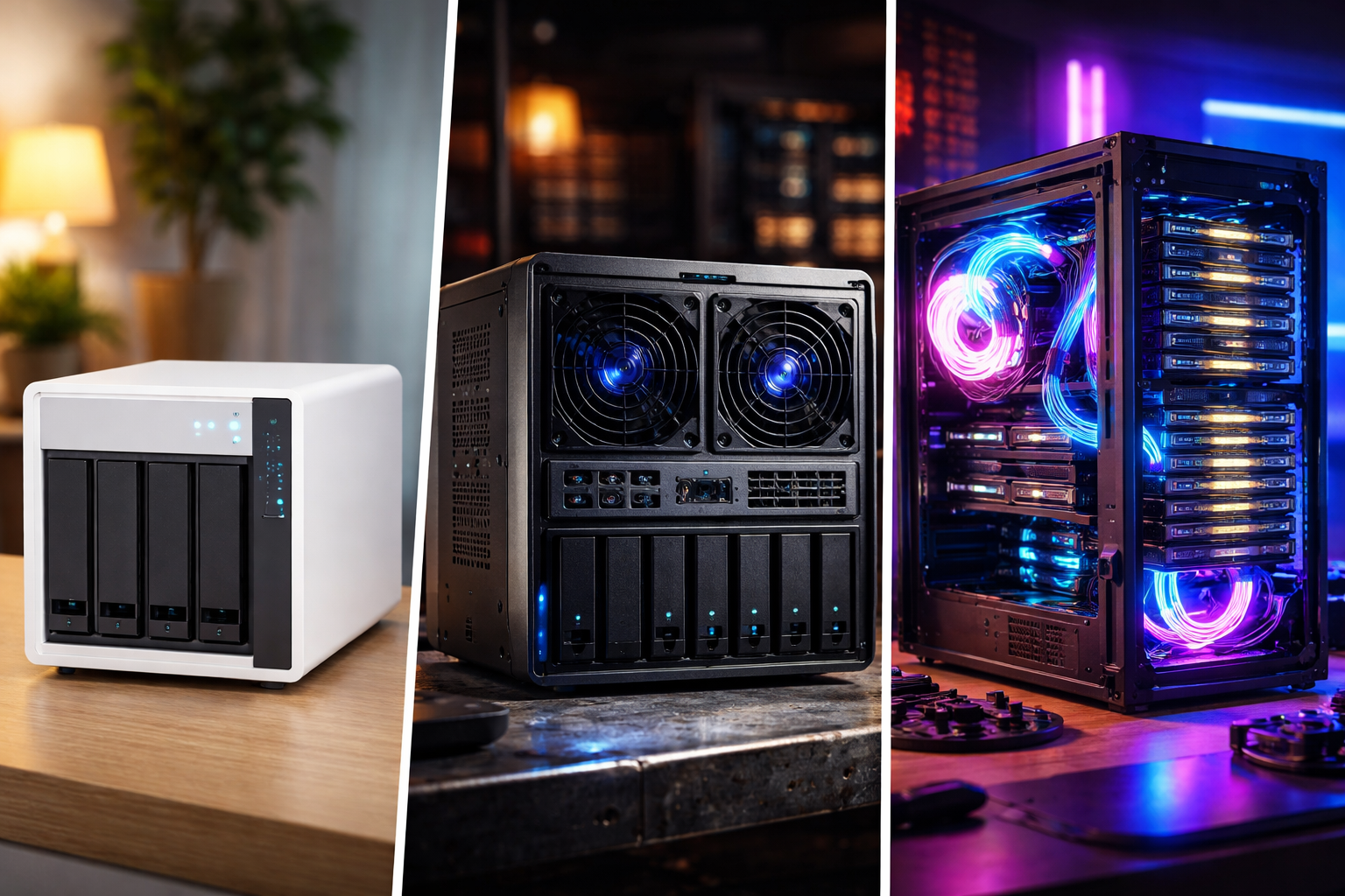 Ein visueller Vergleich zwischen eleganten Fertig-NAS, leistungsstarker Hardware und einem leuchtenden DIY-Selbstbau-Server.