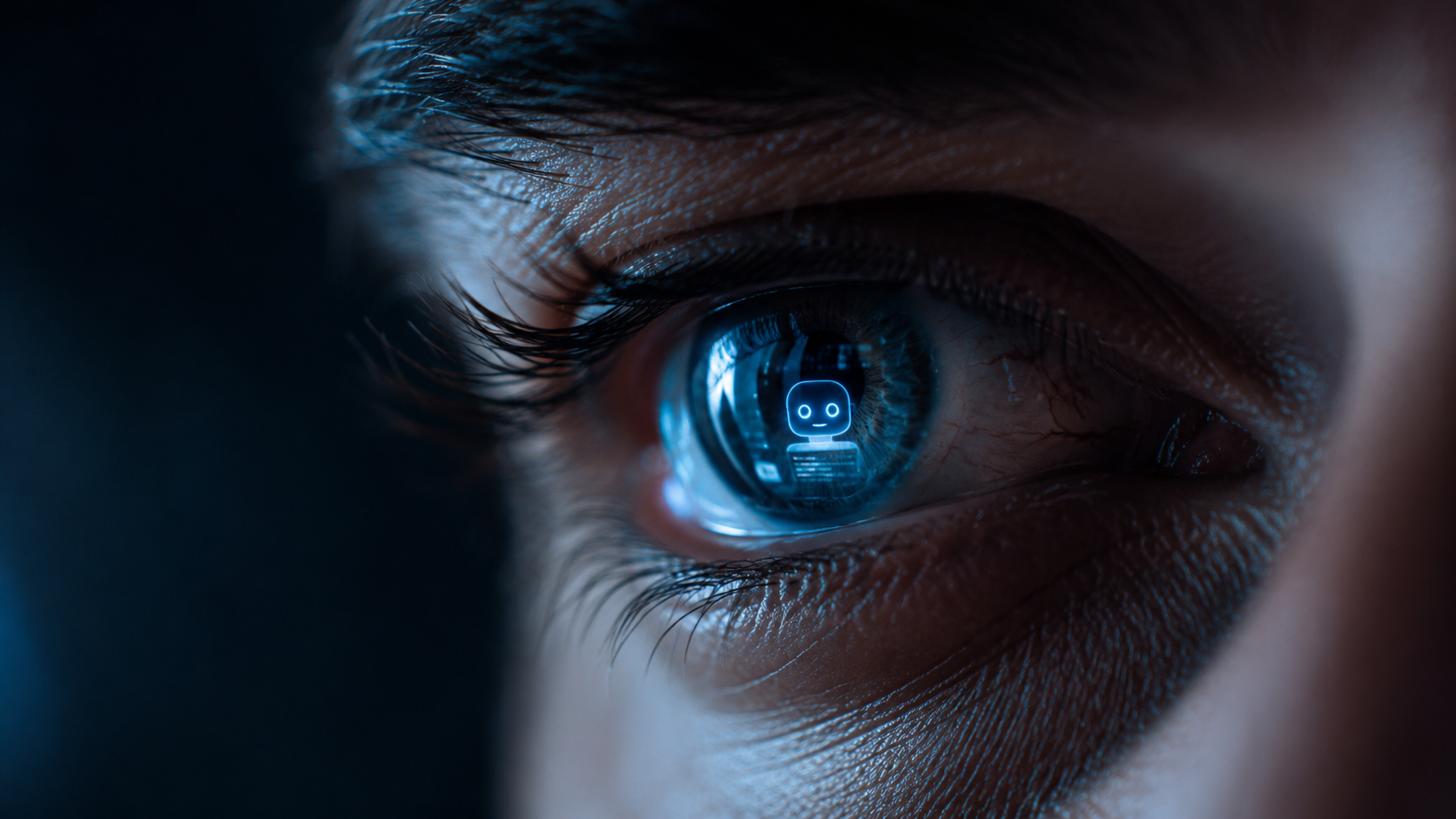 Der neue Such-Reflex: Wir wollen Antworten, keine Links Die Nahaufnahme eines Auges spiegelt ein leuchtendes KI-Interface wider.