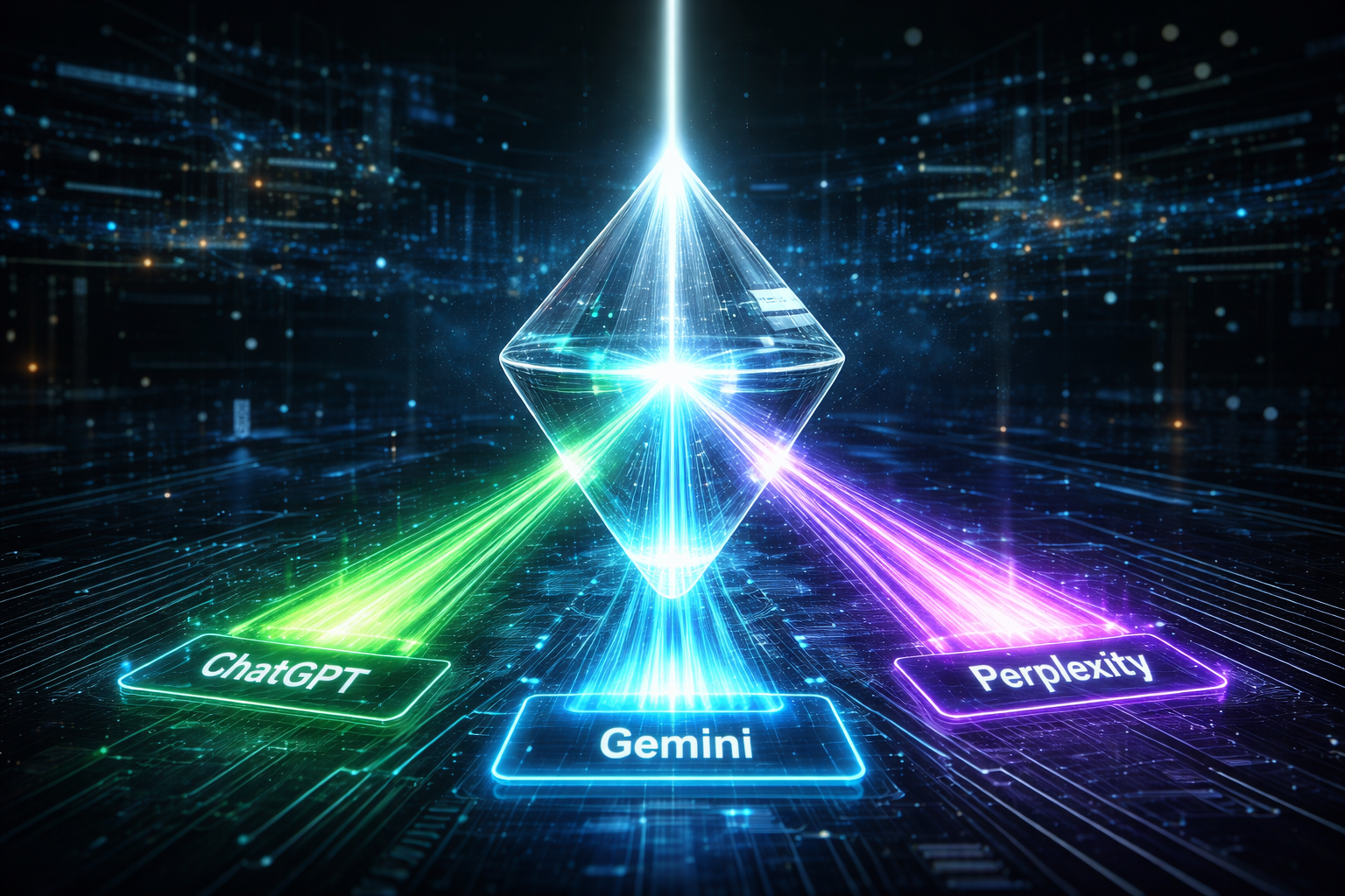 Ein leuchtendes Prisma spaltet einen Datenstrom in drei Farben auf, was die unterschiedlichen Zitier-Algorithmen von ChatGPT, Gemini und Perplexity symbolisiert.