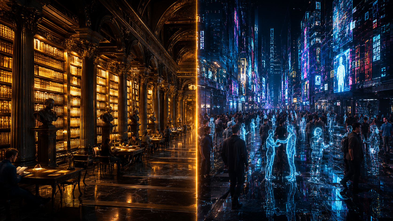 Die zwei Gesichter der KI: Etablierte Autorität vs. roher Puls der Straße Ein visueller Kontrast zwischen einer klassischen Bibliothek und einer futuristischen Stadt symbolisiert die unterschiedlichen Datenquellen von KI-Modellen.