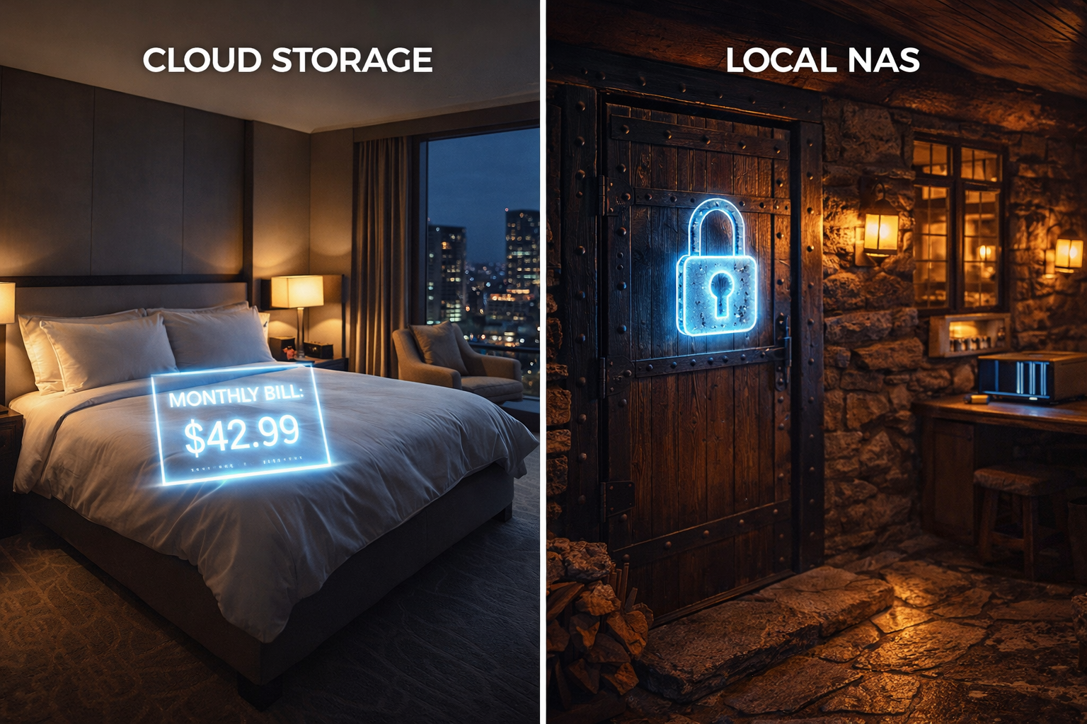 Visueller Vergleich zwischen der Cloud als teurem Hotelzimmer und dem NAS als sicherem, eigenen Haus.