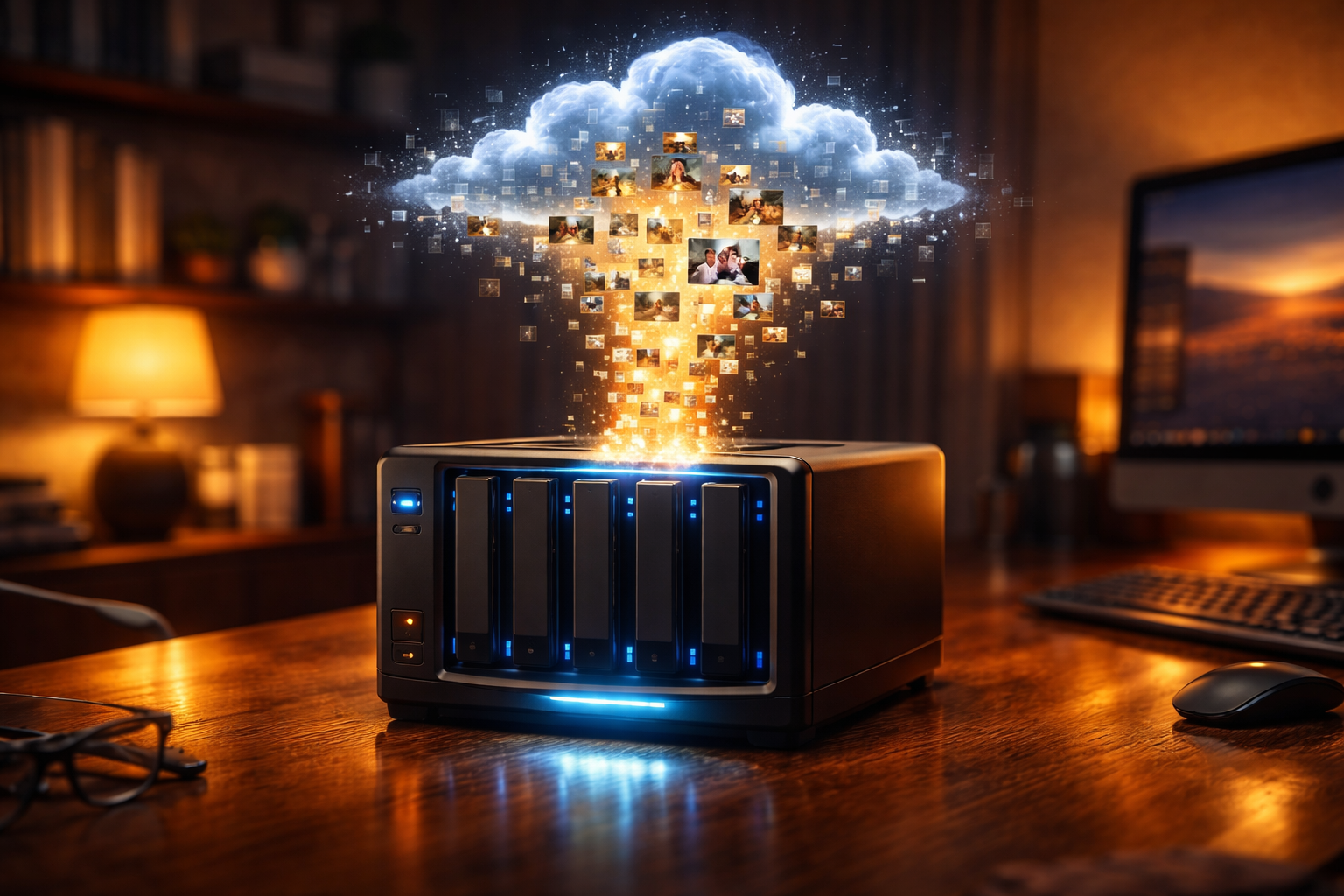 Ein leuchtender Datenstrom überträgt unzählige Fotos aus einer digitalen Cloud sicher auf ein lokales NAS-System.