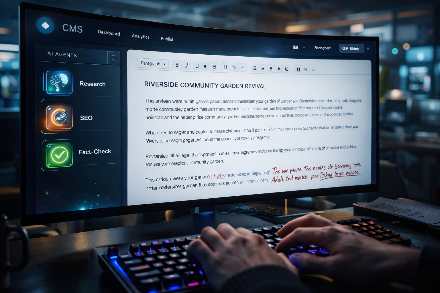 Ein modernes Content-Management-System, in dem spezialisierte KI-Agenten nahtlos direkt in den Texteditor integriert sind.