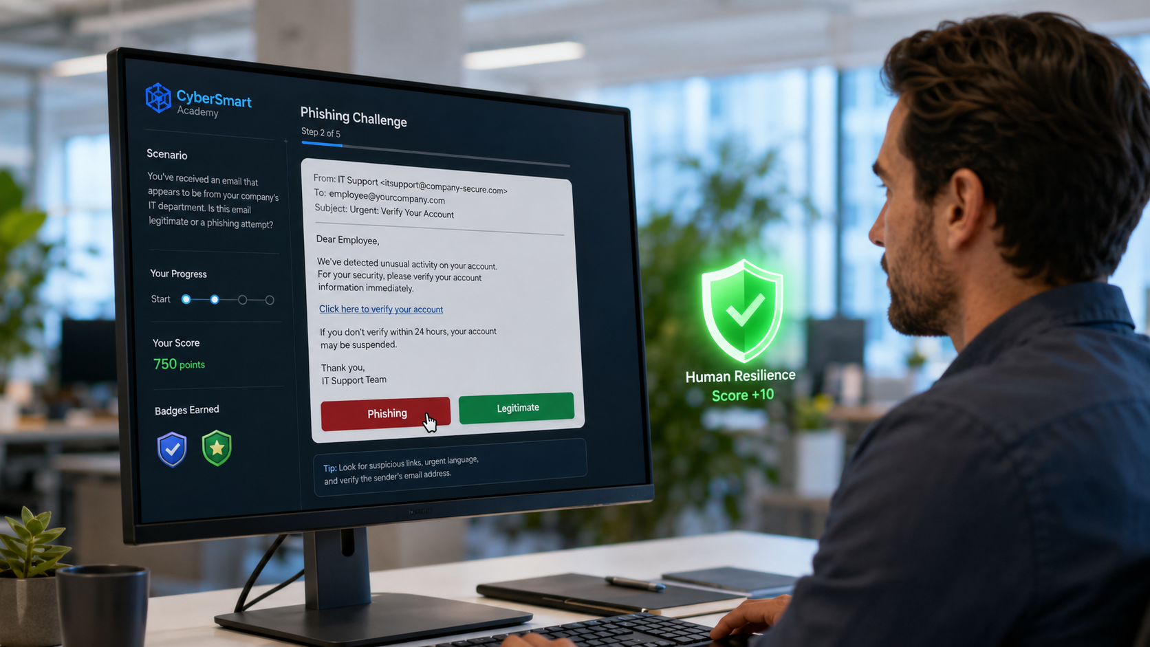 Der menschliche Faktor: Resilienz durch interaktives Training Ein Mitarbeiter absolviert erfolgreich eine interaktive, KI-gestützte Phishing-Simulation an seinem Arbeitsplatz.