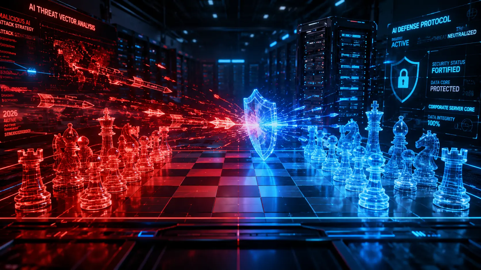 Ein digitales Schachbrett aus roter und blauer Energie symbolisiert den Kampf von krimineller KI gegen defensive KI-Sicherheitssysteme im Jahr 2026.