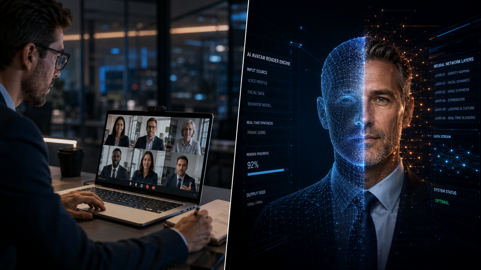 Traue deinen Augen nicht: Die Gefahr von Video-Deepfakes Ein Split-Screen zeigt einen Mitarbeiter in einer Videokonferenz und die gleichzeitige digitale Generierung eines lebensechten KI-Avatars.