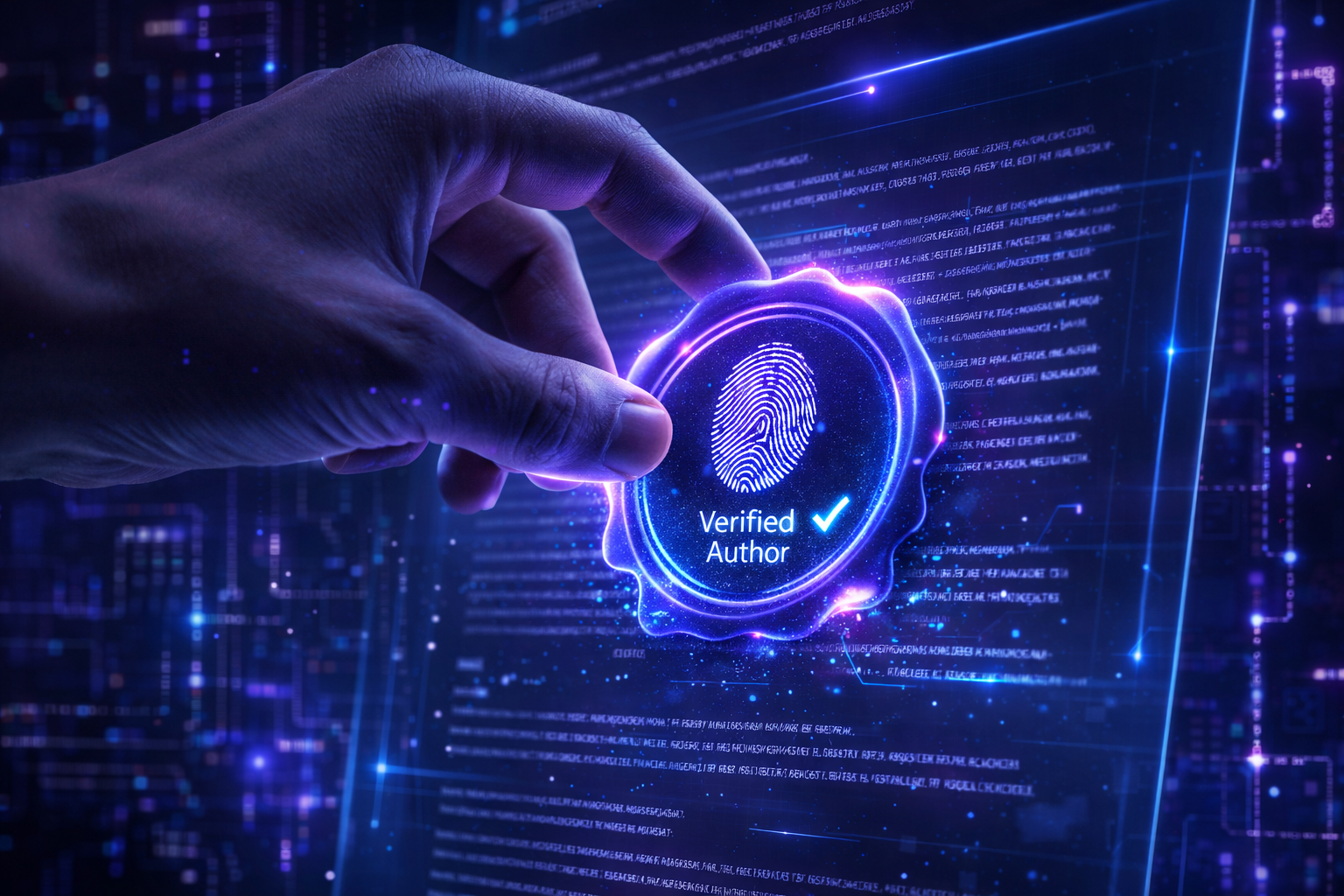 Darstellung digitaler Autorenschaftsverifizierung durch kryptografische Siegel und Identitätsnachweise.