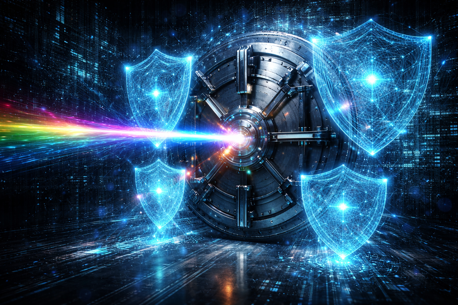 Ein massiver, digitaler Tresor im Zentrum, der von einem komplexen, strahlenden Lichtschlüssel (Quantenschlüssel) berührt wird. Fraktale Muster schützen den Tresor.