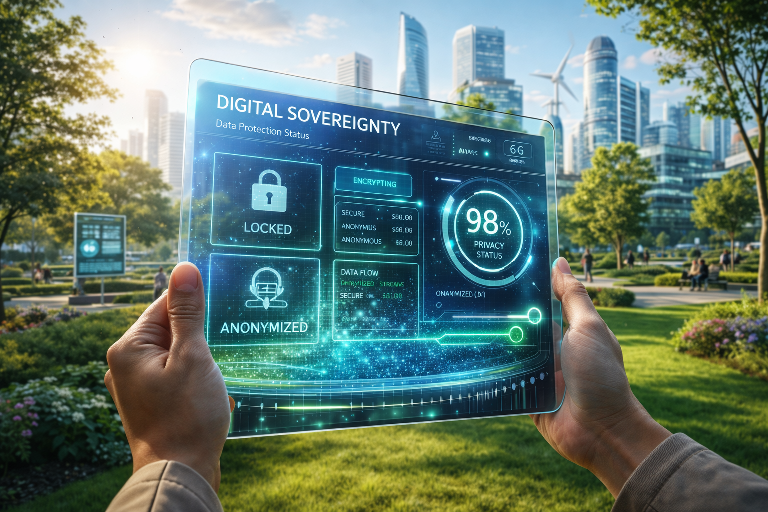 Ein Bürger steuert über ein transparentes Tablet seine persönlichen Datenfreigaben in einer modernen Smart City.