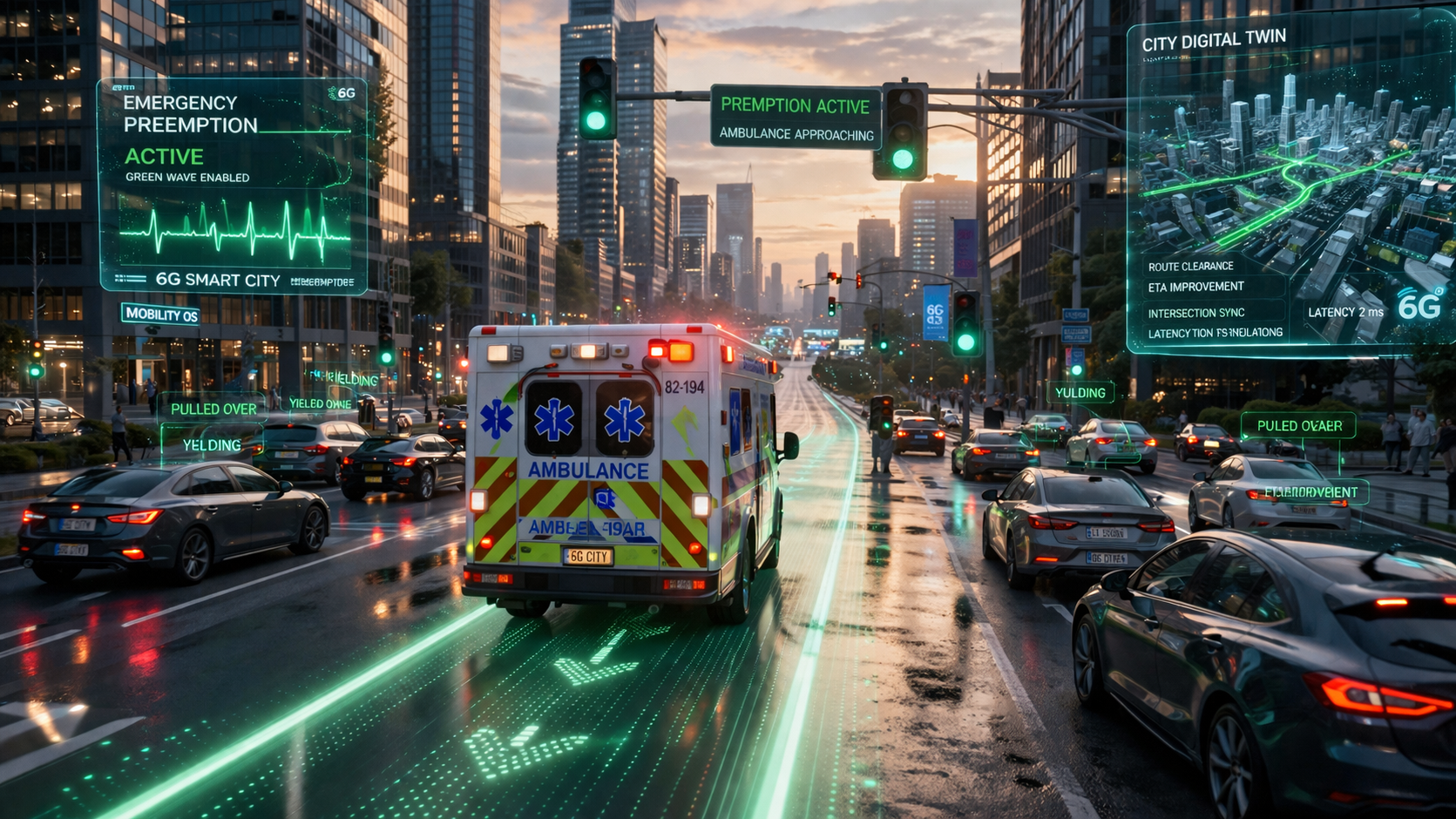 Ein Rettungswagen fährt über eine leuchtende digitale Route durch eine Stadt, während vernetzte Autos automatisch eine Rettungsgasse bilden.