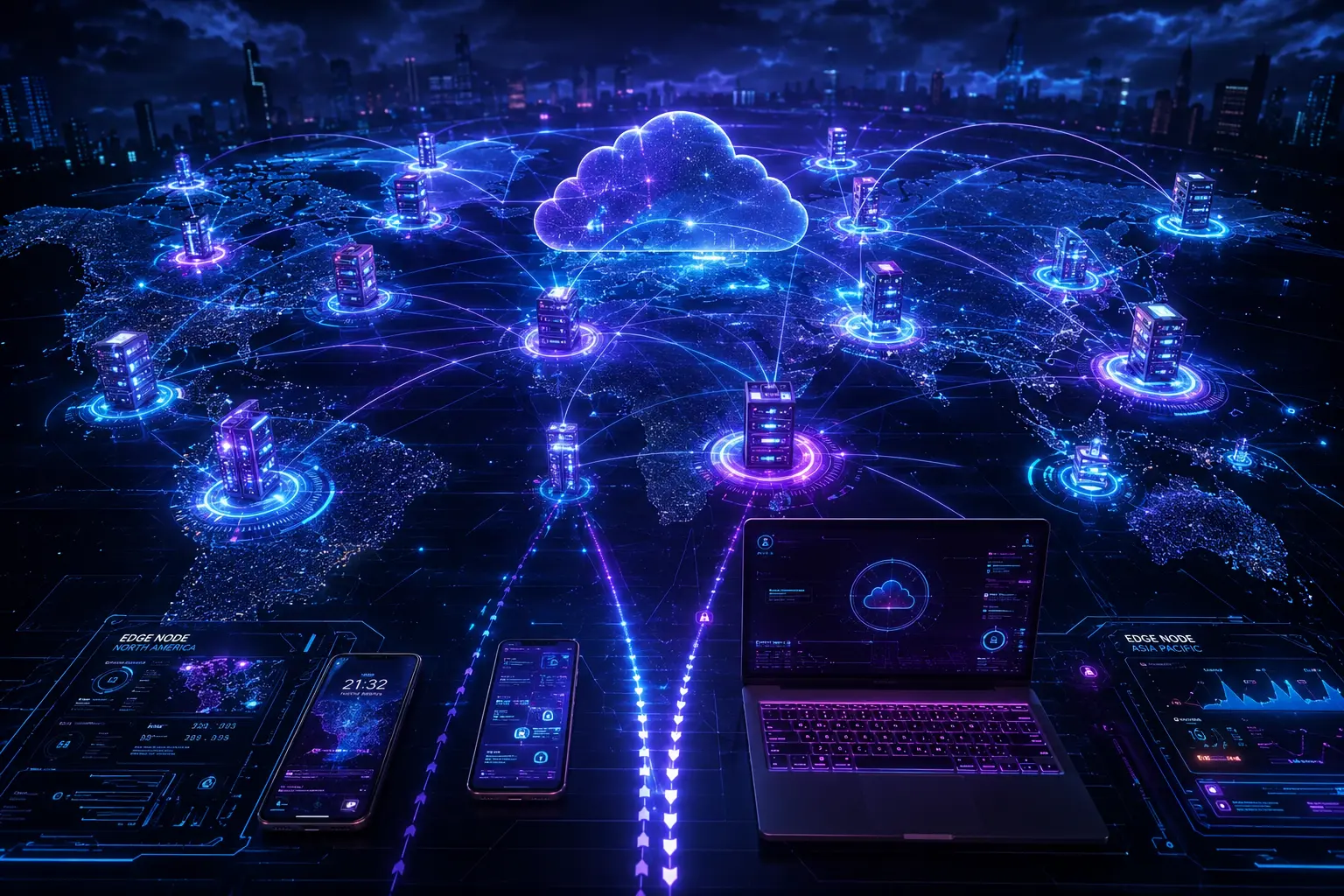 Ein leuchtendes, dezentrales Netzwerk auf einer Weltkarte, das die Geschwindigkeit von Edge Computing symbolisiert.