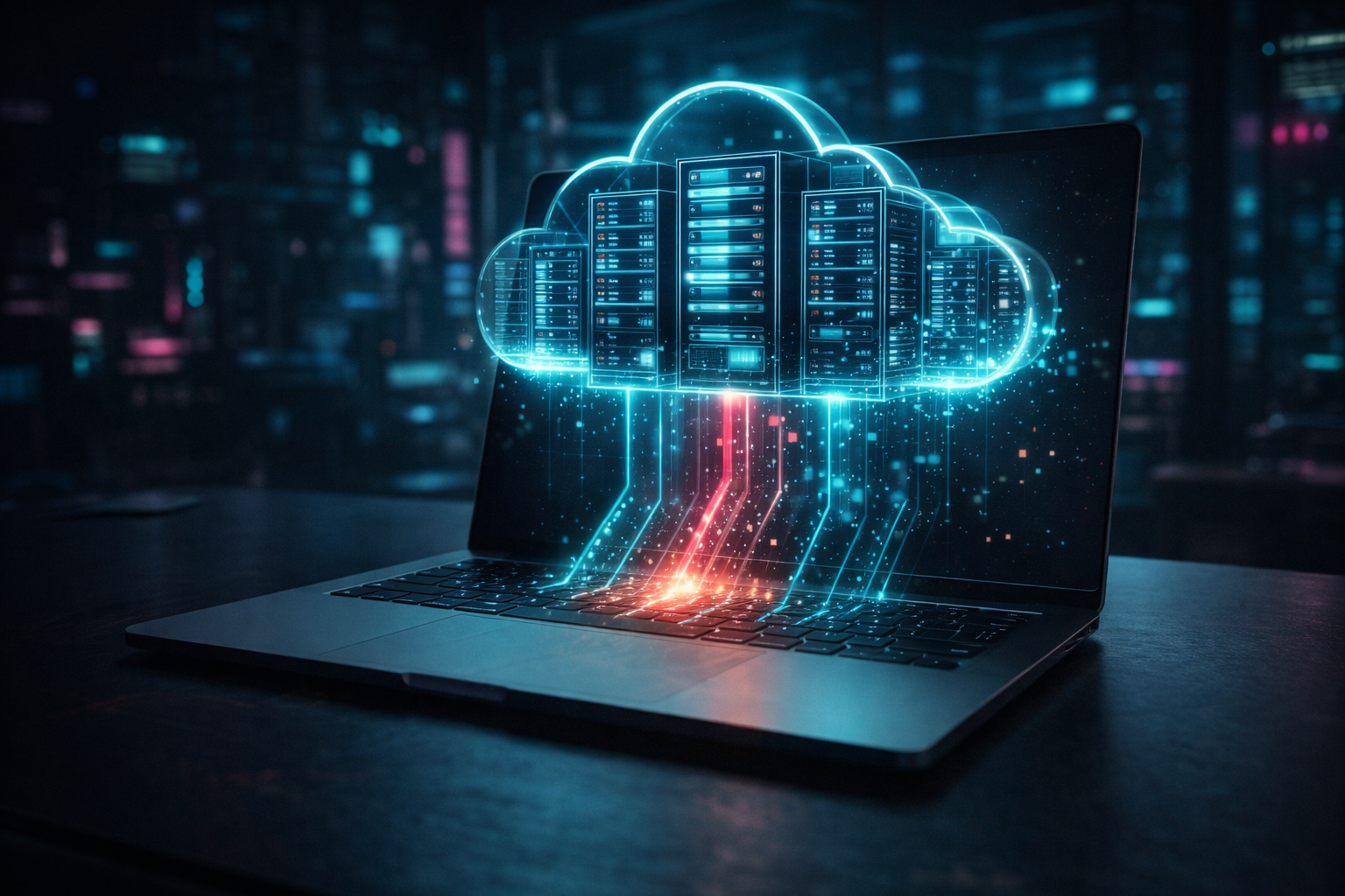 Ein schlanker Laptop, aus dem holografische Cloud-Server aufsteigen, symbolisiert den Wechsel von lokaler Entwicklung hin zu Cloud-Umgebungen.