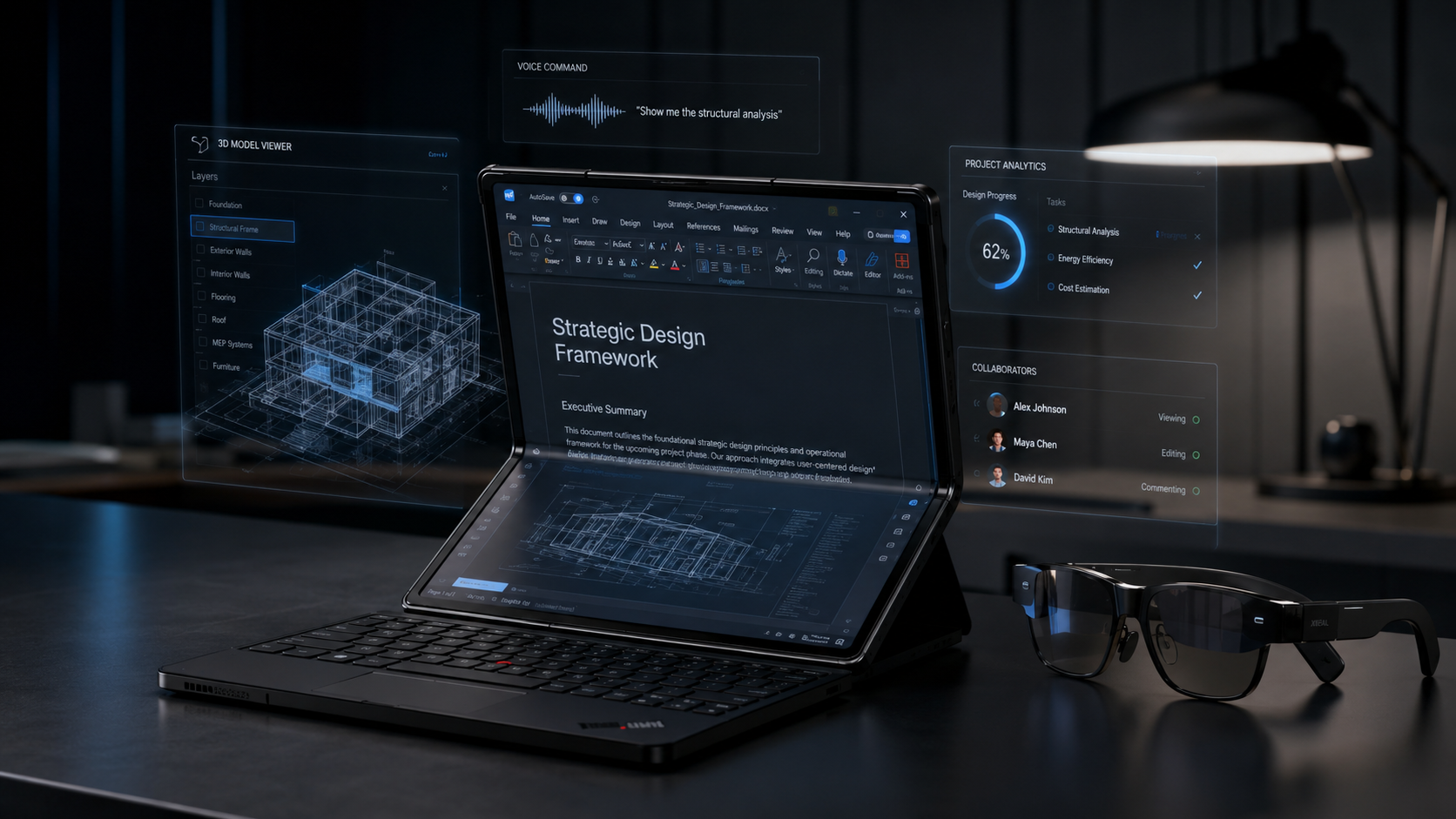 Ein faltbarer Laptop auf einem Schreibtisch, der durch schwebende virtuelle Monitore aus einer AR-Brille nahtlos erweitert wird.