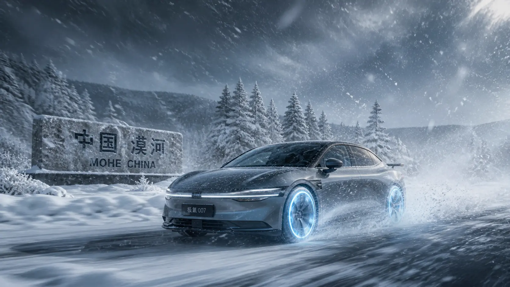 Ein futuristisches Elektroauto wird bei extremen Minusgraden im Schnee getestet, was die Robustheit neuer Festkörperbatterien demonstriert.