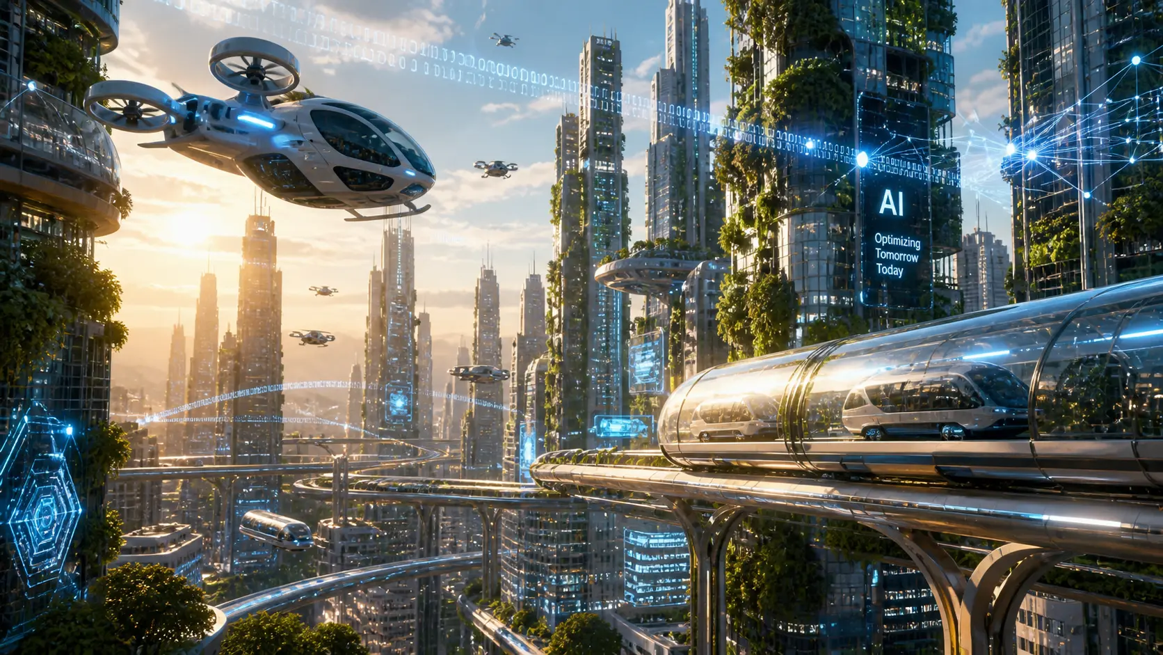 Eine futuristische Metropole mit fliegenden Taxis, Magnetschwebebahnen und digitalen Datenströmen, die den Wandel von Technik und Mobilität visualisieren.