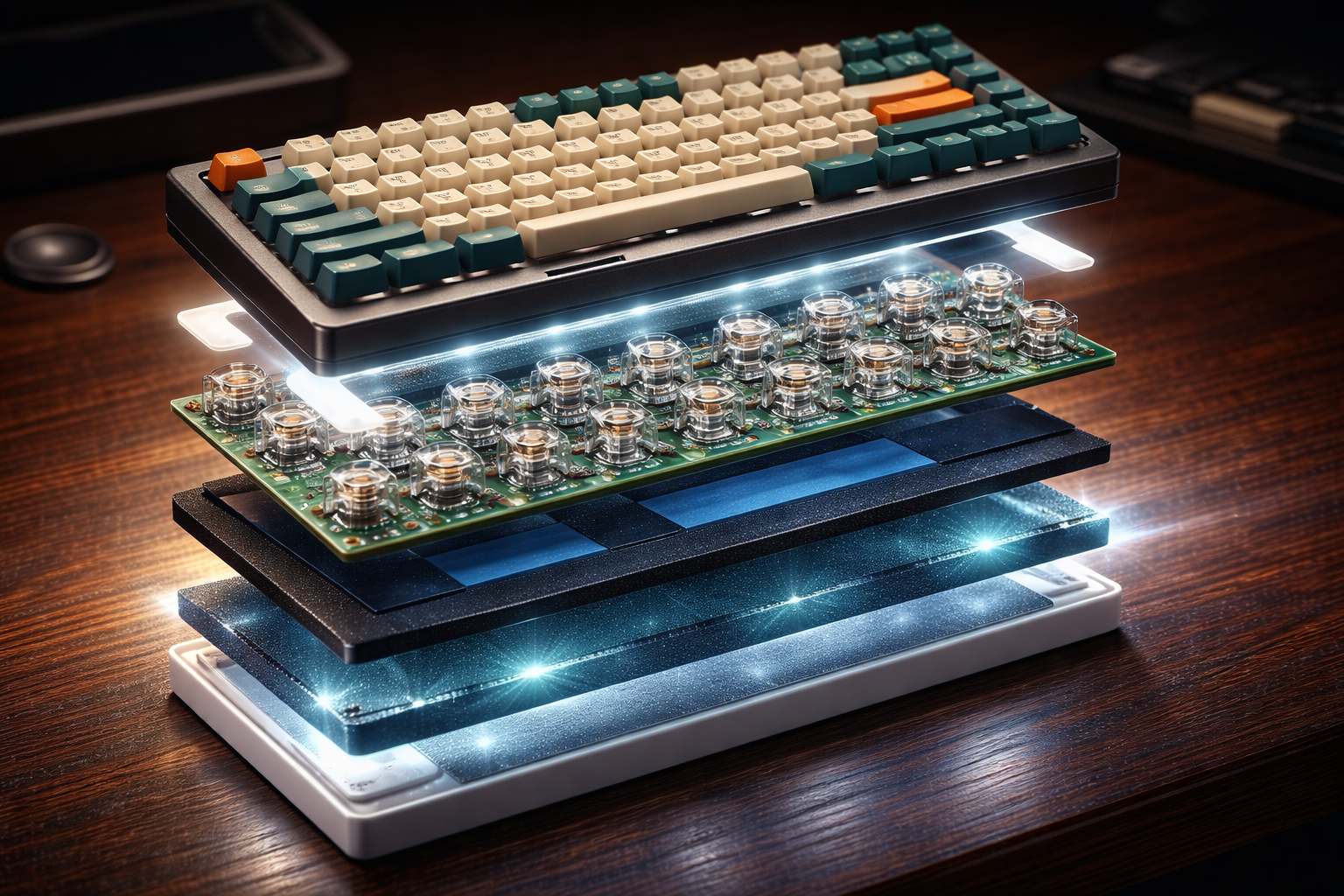 Eine Explosionszeichnung einer mechanischen Tastatur, die die inneren Schichten wie Gasket Mounts, Dämmmatten und das PCB zeigt.
