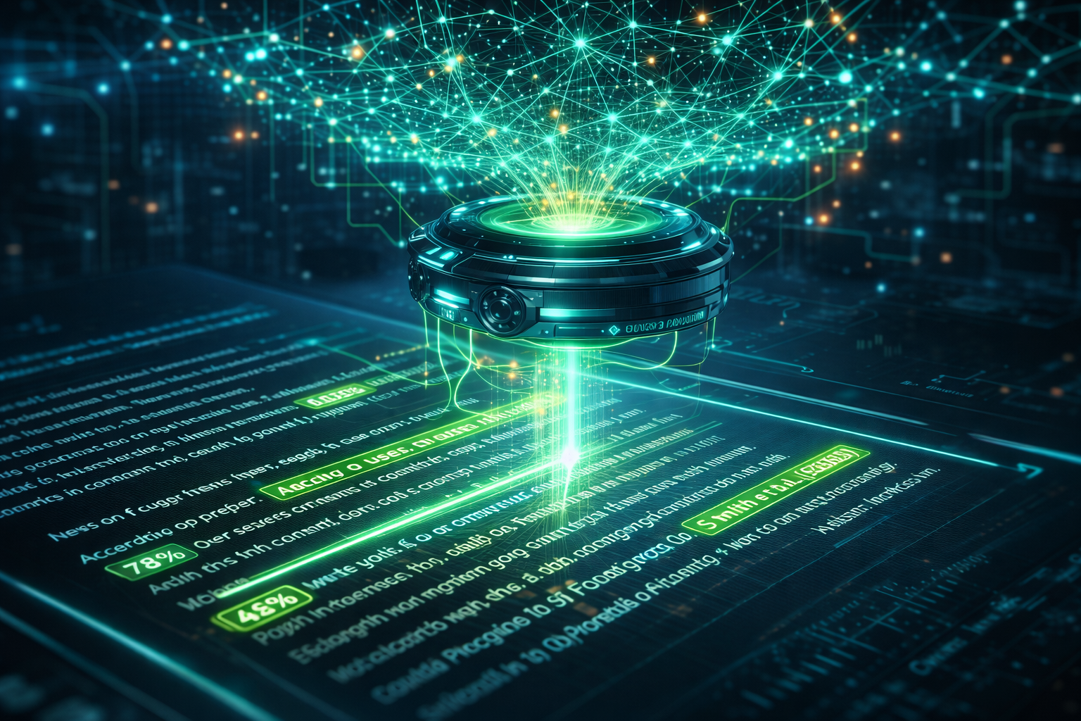 Ein leuchtendes digitales Dokument wird von einer KI gescannt, die wichtige Statistiken und Zitate für ihr neuronales Netzwerk extrahiert – ein Symbol für GEO.