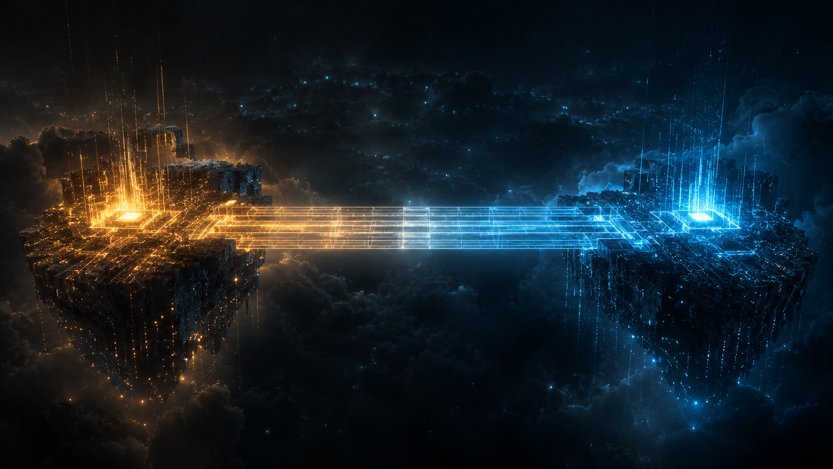 Die Brücke schlagen: Eine Strategie für alle Algorithmen Eine leuchtende digitale Brücke verbindet zwei Dateninseln und symbolisiert die Verknüpfung unterschiedlicher KI-Systeme durch eine einheitliche Strategie.