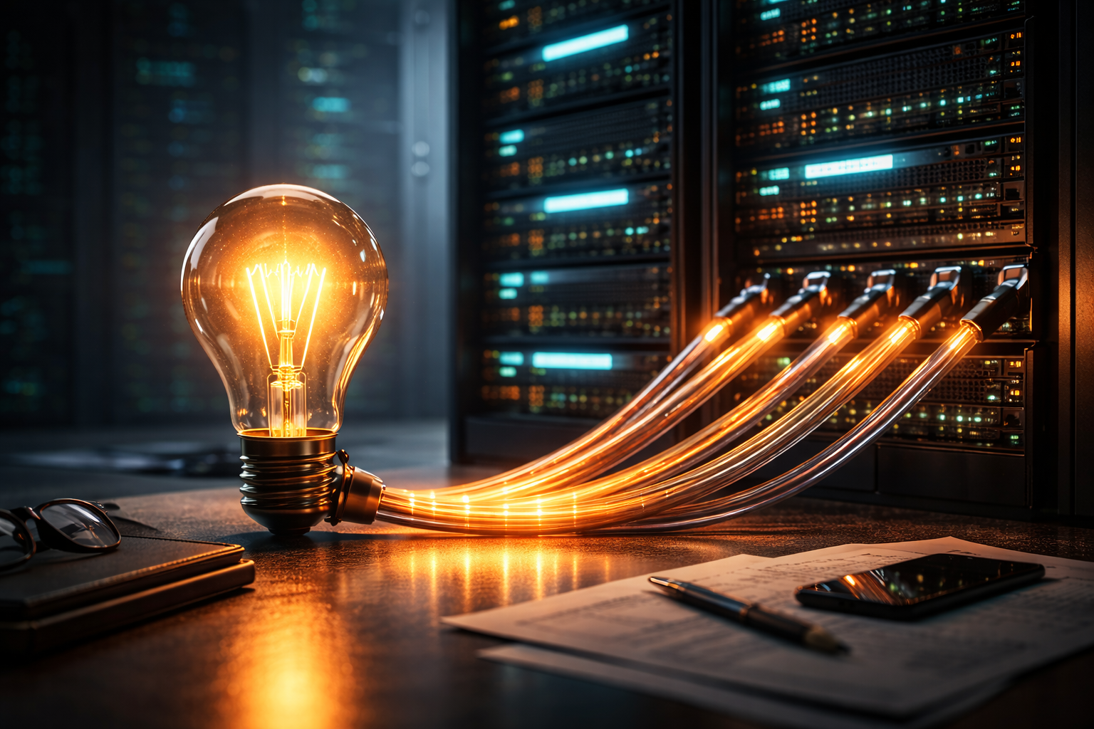 Eine leuchtende Vintage-Glühbirne, die über dicke Netzwerkkabel direkt mit einem blinkenden, modernen Server-Rack verbunden ist, um den Stromverbrauch von Software zu visualisieren.