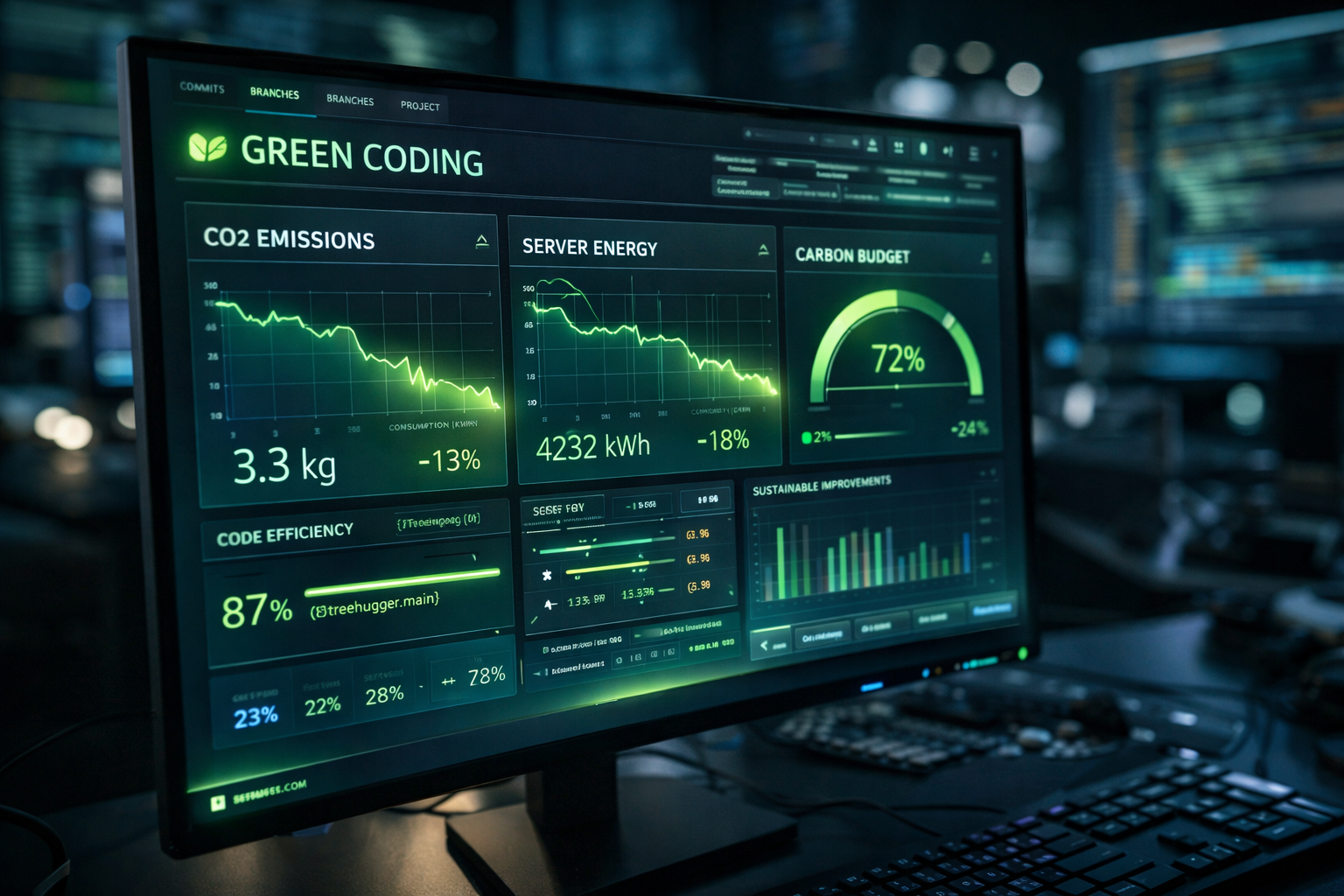 Ein futuristisches Entwickler-Dashboard auf einem dunklen Bildschirm, das leuchtend grüne Diagramme zeigt, welche den sinkenden CO2-Fußabdruck und den Energieverbrauch von Servern überwachen.