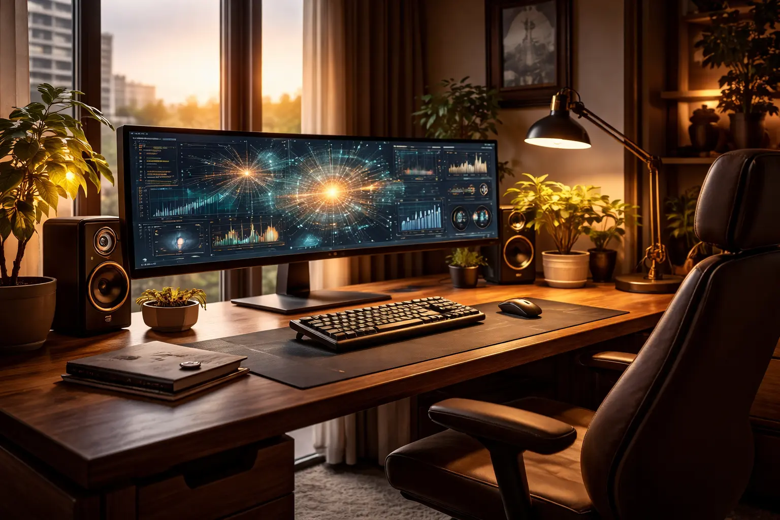 Professionelles Home-Office-Setup mit Ultrawide-Monitor, ergonomischen Möbeln und warmem Ambient-Licht.
