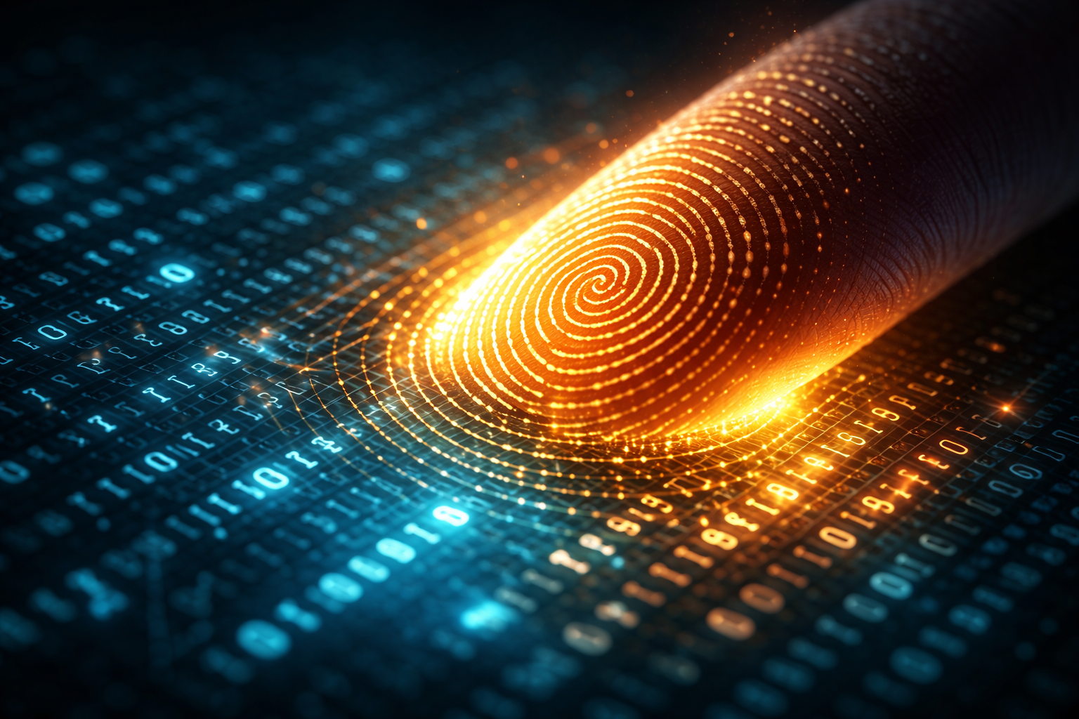 Ein menschlicher Fingerabdruck aus Licht drückt auf eine digitale Oberfläche und verändert den Code – Symbol für menschliche Authentizität in KI-Inhalten.