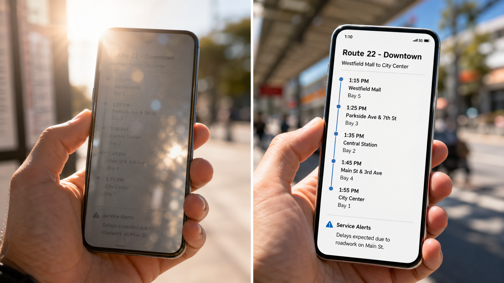 Ein Vorher-Nachher-Vergleich zeigt, wie hohe Farbkontraste und inklusives Design die Lesbarkeit eines Smartphones im Sonnenlicht dramatisch verbessern, gehalten von einer männlichen Hand.