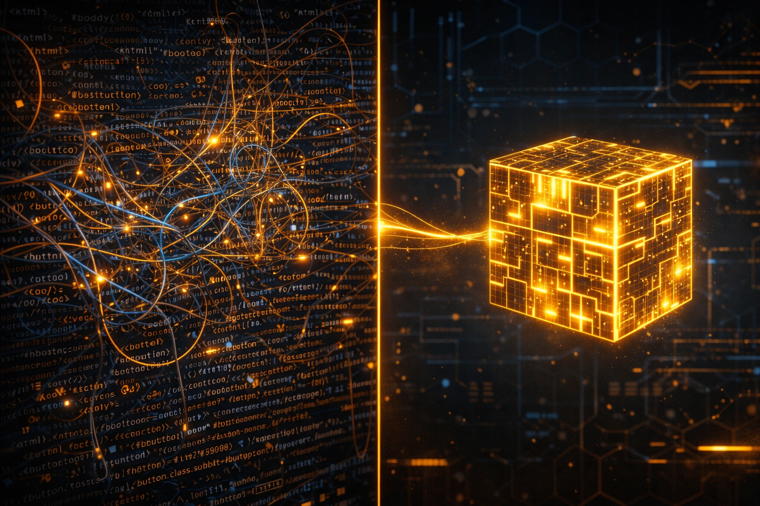 Visueller Vergleich: Links verworrene Microdata im HTML-Code, rechts ein sauber isolierter, leuchtender JSON-LD Datenblock.