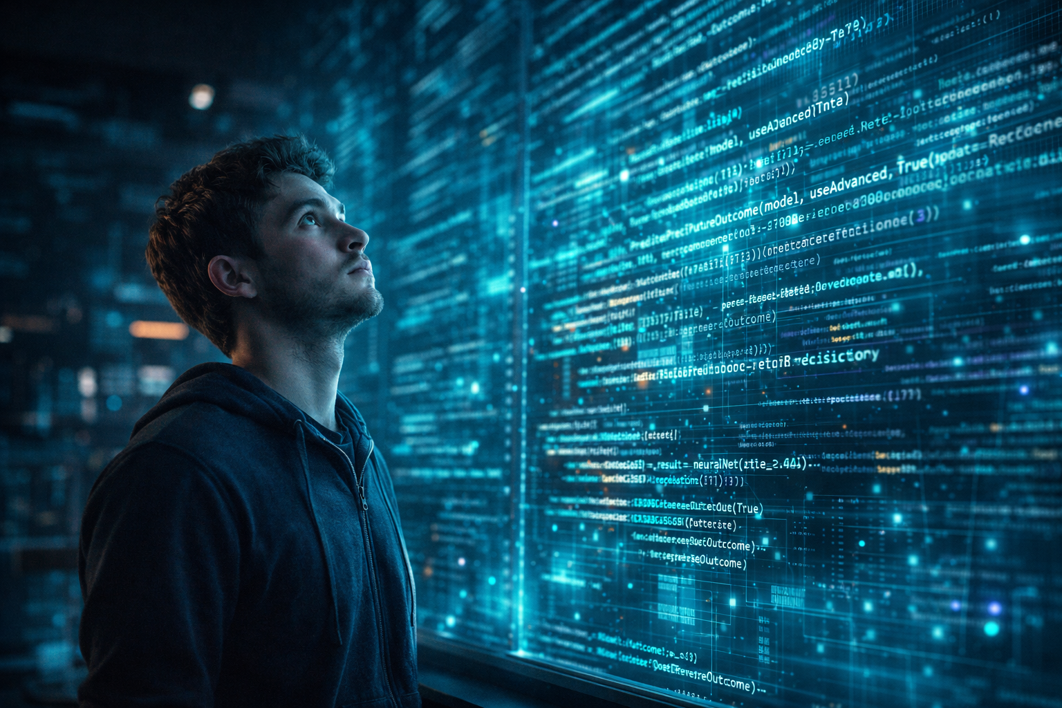 Ein junger Softwareentwickler blickt auf eine riesige holografische Code-Wand, was die immense Herausforderung des modernen Berufseinstiegs symbolisiert.