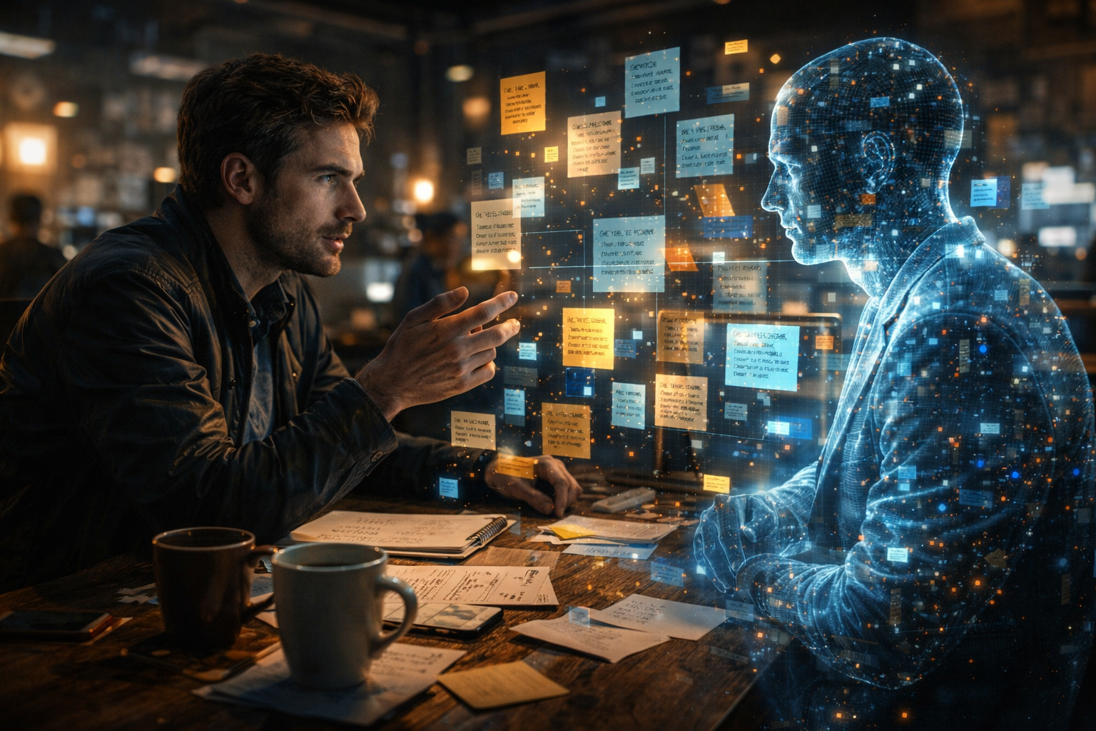 Ein Journalist diskutiert an einem Schreibtisch mit einem leuchtenden KI-Hologramm, umrandet von schwebenden Notizen.
