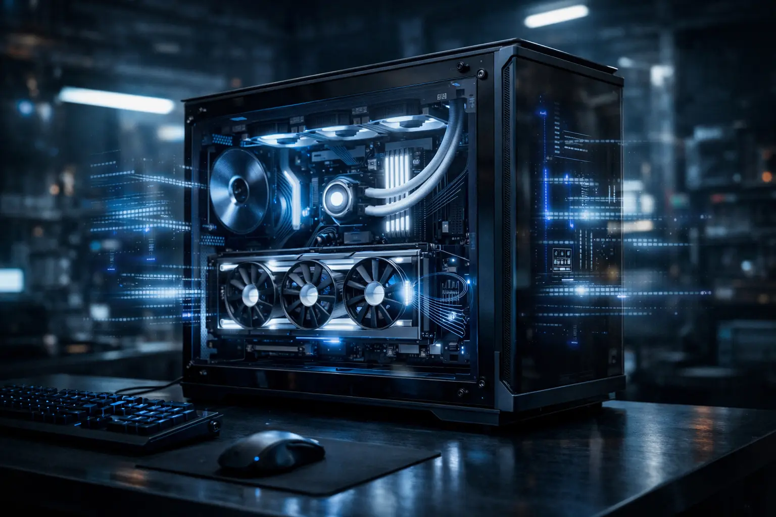 Eine hochmoderne, geöffnete PC-Workstation auf einem abgedunkelten Schreibtisch, deren Grafikkarten leicht bläulich leuchten, während im Hintergrund abstrakte Datenströme visualisiert sind.