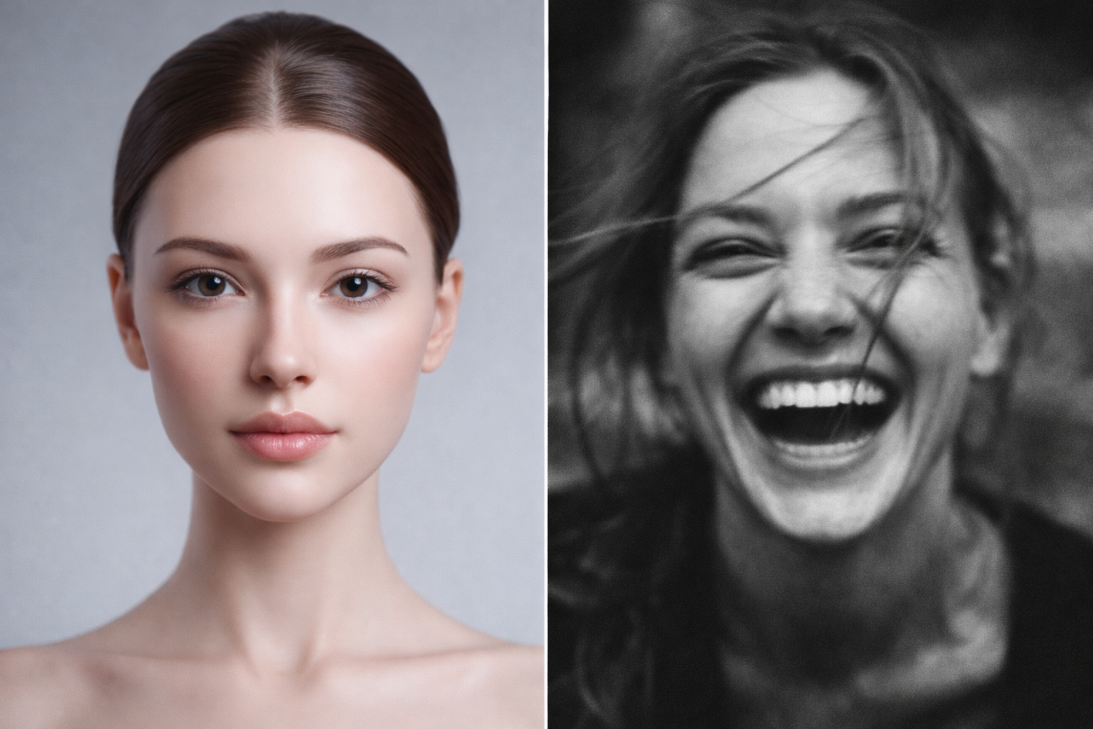 Die neue Ästhetik: Menschliche Emotion schlägt KI-Perfektion Ein Vergleich zwischen einem sterilen, perfekten KI-Bild und einer echten, leicht unscharfen Fotografie voller Emotionen.