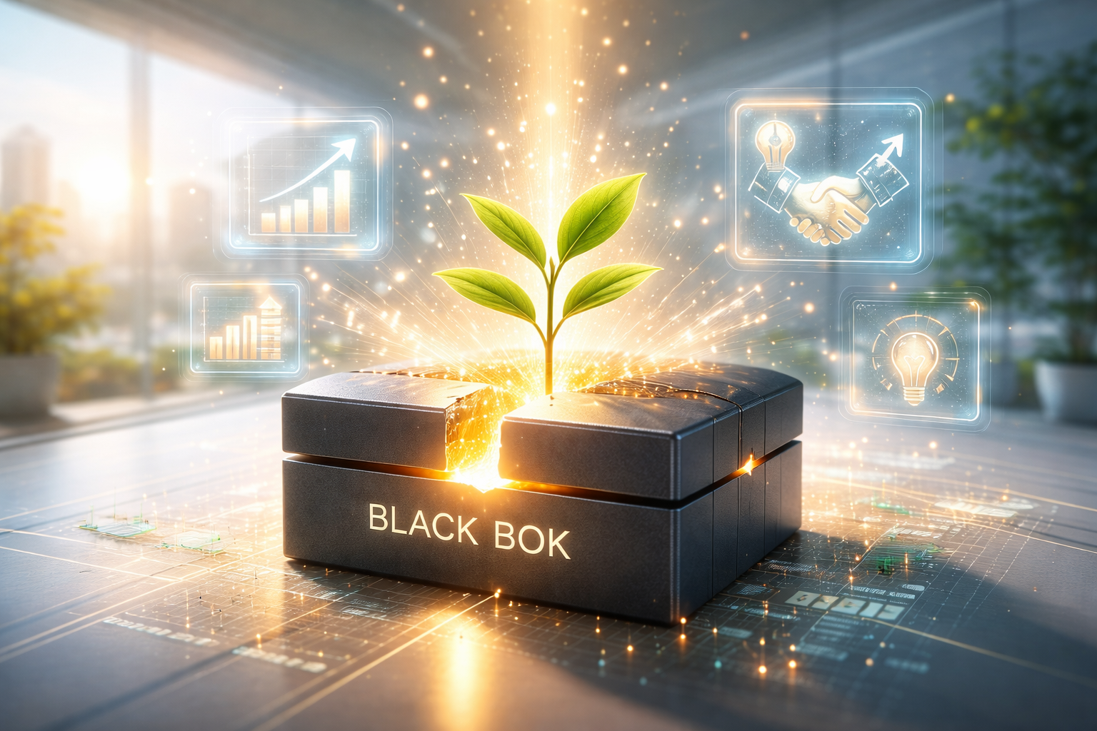 Eine geöffnete, ehemals schwarze Box aus Metall, aus der nun helles, warmes Licht strömt und aus der eine kleine grüne Pflanze wächst, umgeben von transparenten Finanzsymbolen.