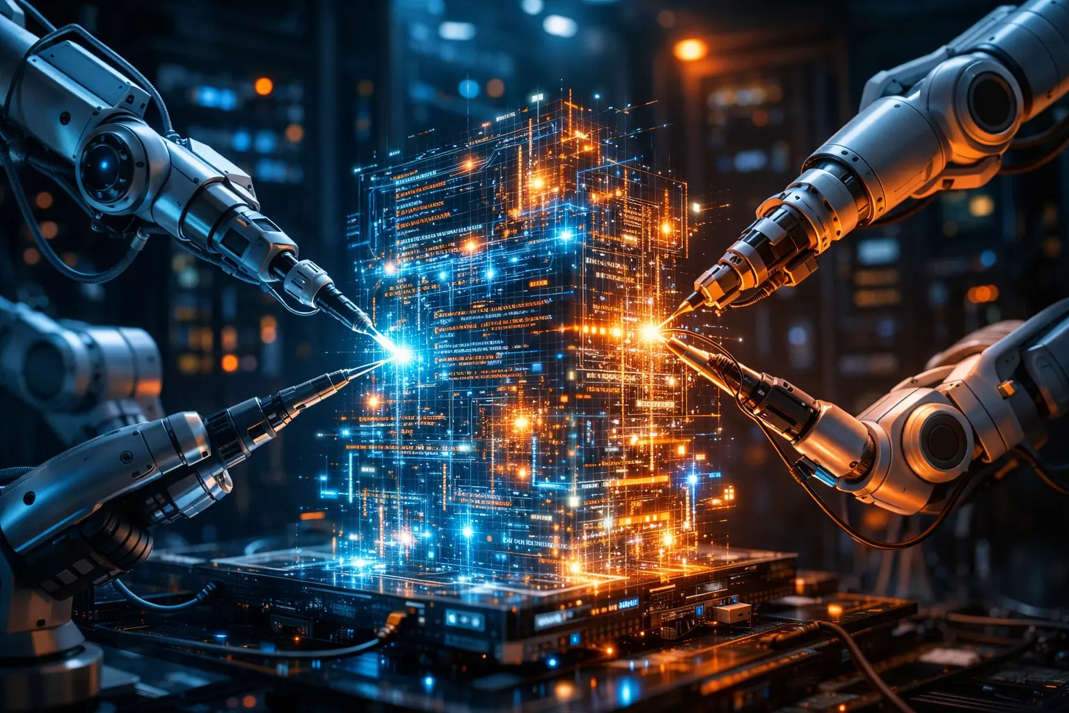 Chirurgische Roboterarme reparieren eine leuchtende Code-Struktur, symbolisch für das Refactoring alter Software.