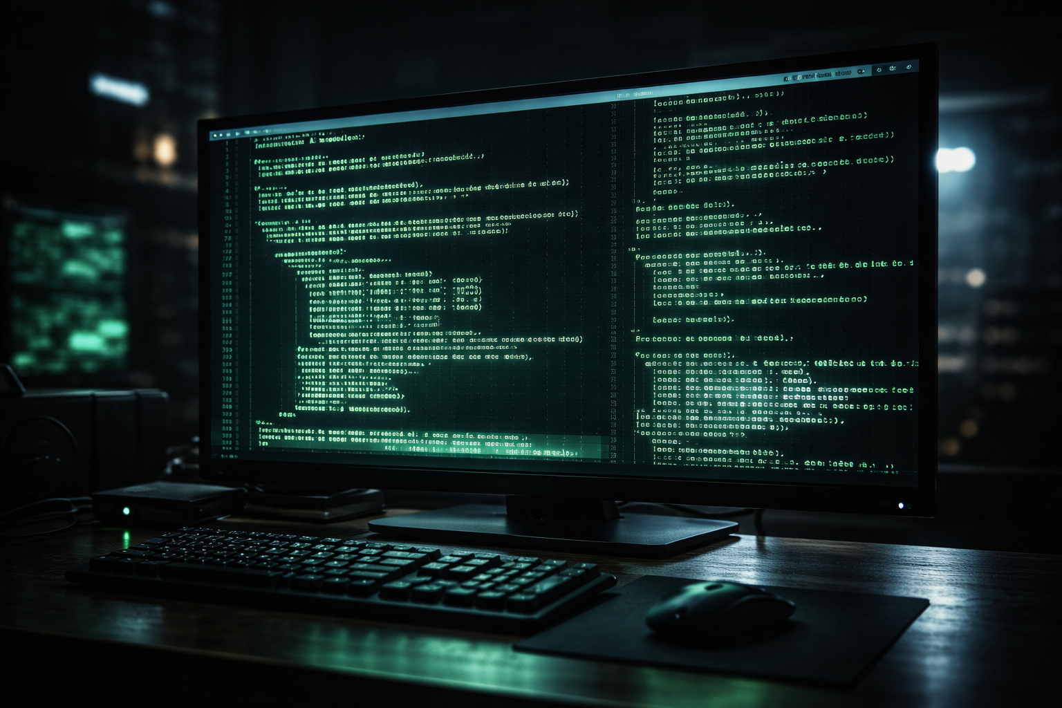 Ein dunkler Computermonitor zeigt eine grün leuchtende Kommandozeile, in der blitzschnell Text von einem lokalen Sprachmodell generiert wird.