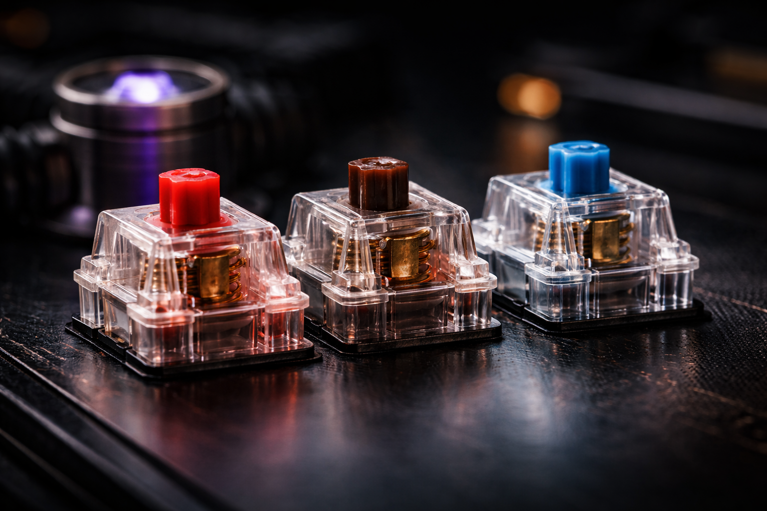 Eine Gegenüberstellung verschiedener mechanischer Switches, inklusive eines leuchtenden magnetischen Hall Effect Switches.