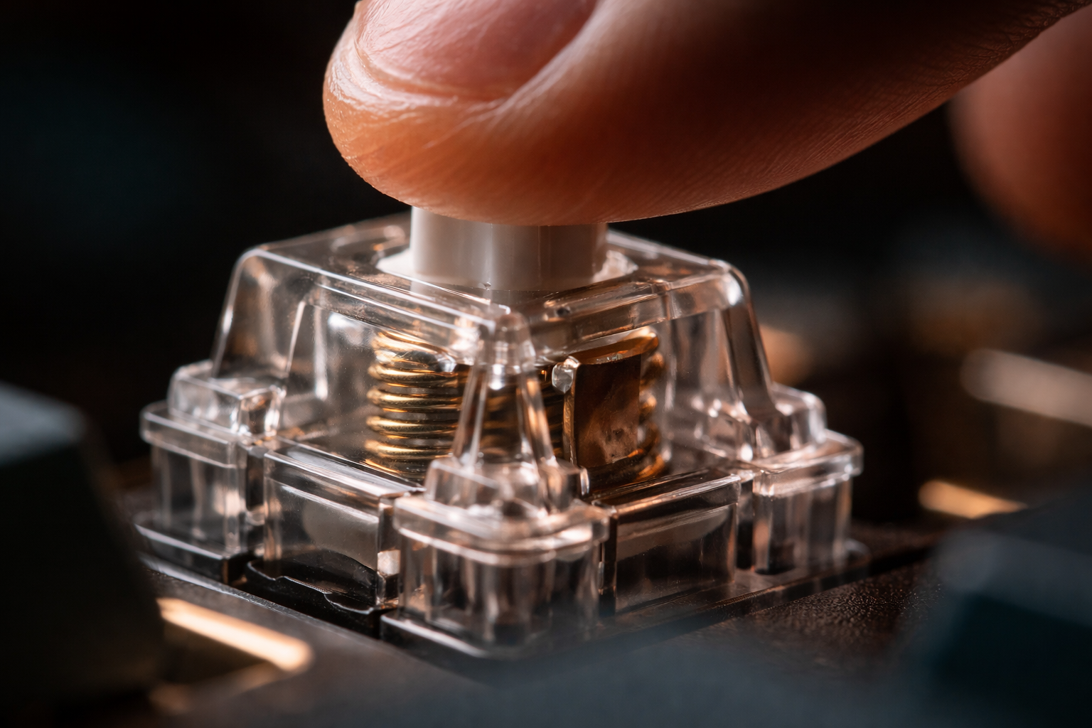 Nahaufnahme eines mechanischen Switches, der hinabgedrückt wird und das physische Tippgefühl visualisiert.